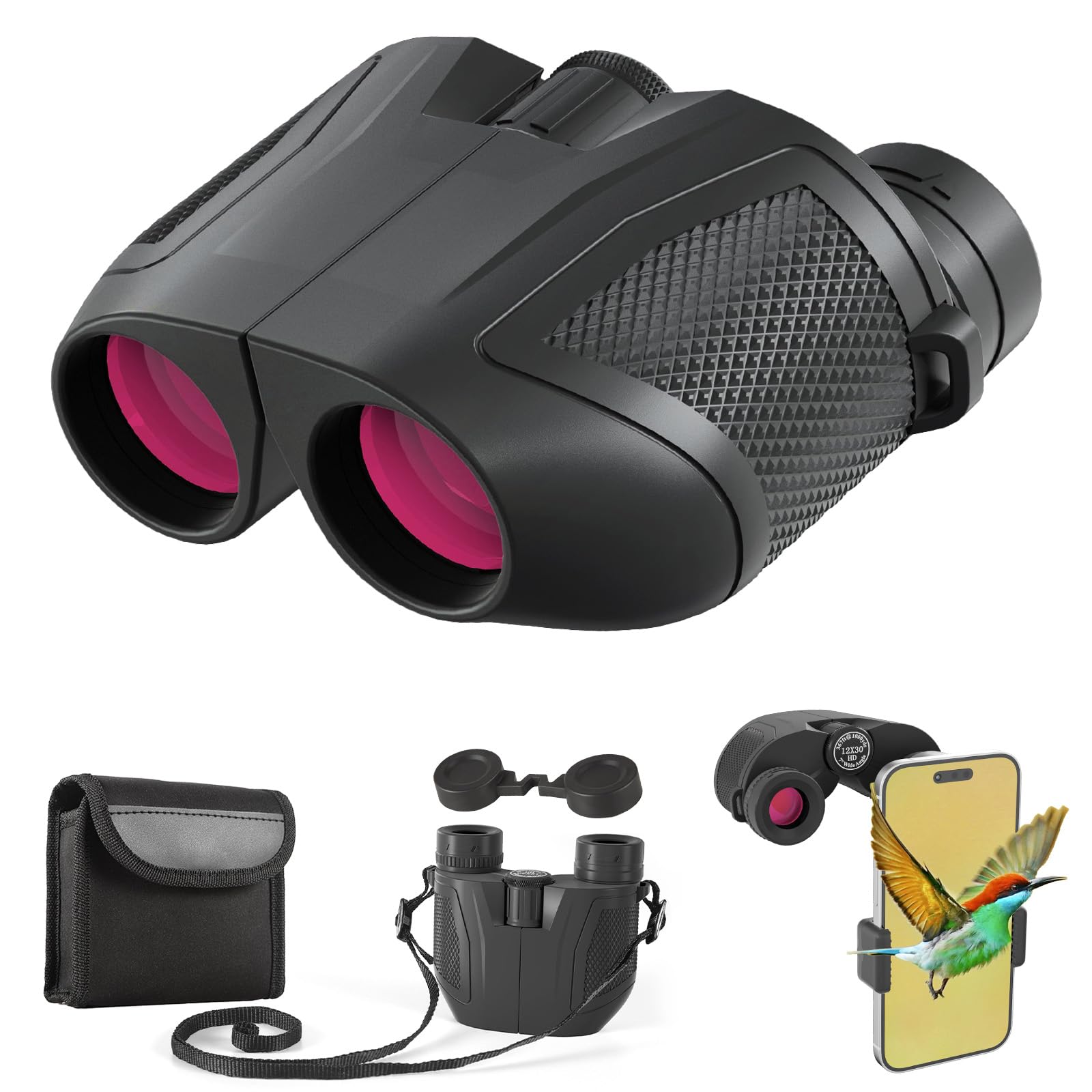 Three Triping 12X30 Compact Binoculars For Adults Kids, High Powered Lightweight Small Binoculars With Phone Adapter For Bird Watching Hiking Cruise Safari Viewing Football Sports Concert, Waterproof Bak4 Binocular