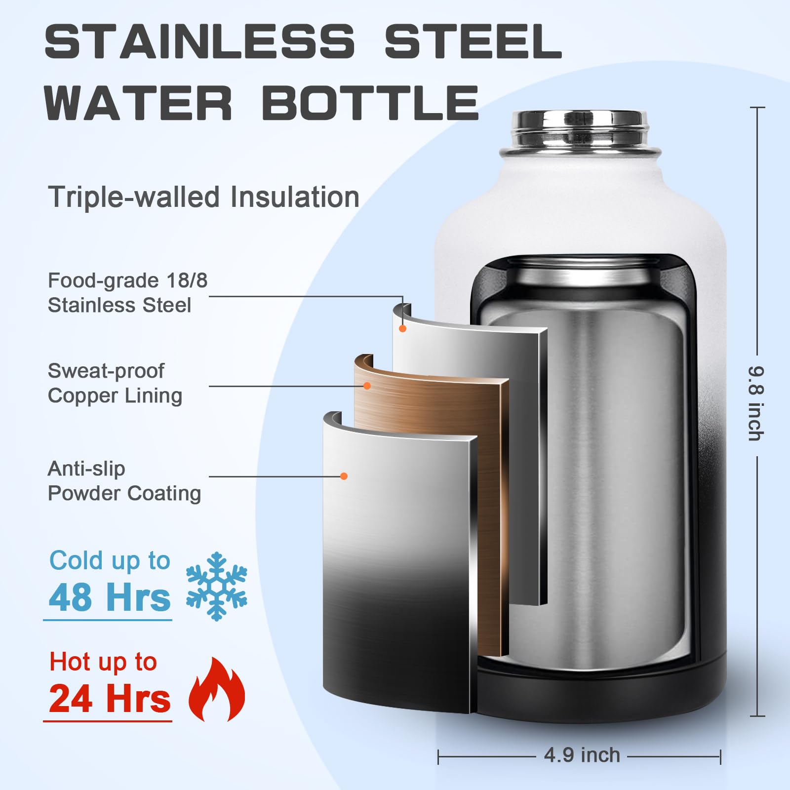 Insulated Water Bottle 64 Oz, Half Gallon Water Jug Cold 48H, Stainless Steel Bottles