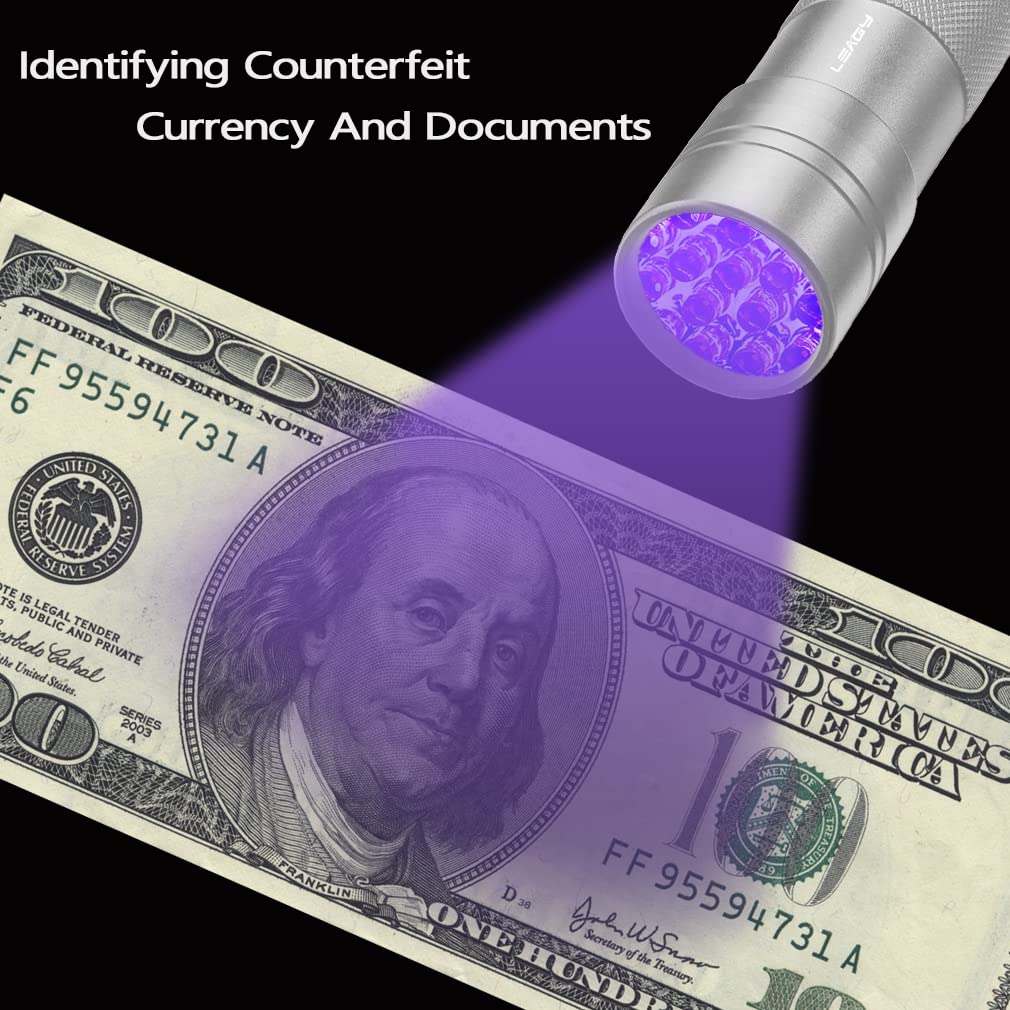 Leagy 2 Pack 12 Led 395Nm Mini Uv Flashlights With Batteries - Pet Urine Detector, For Counterfeit Detection, Banknotes, Document Verification Etc (Silver)