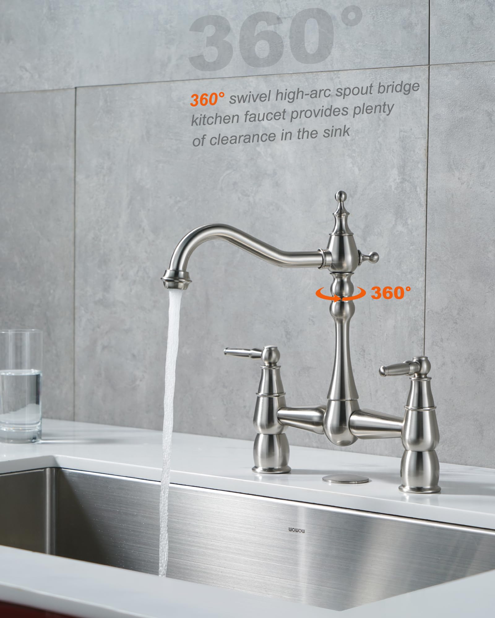 Aleasha Bridge Centerset Kitchen Faucet For Sink, Deck Mount Brass Vintage Farmhouse Kitchen Faucet, 2 Handle 2 Hole 360 Degree Swivel Copper Faucet, Brushed Nickel