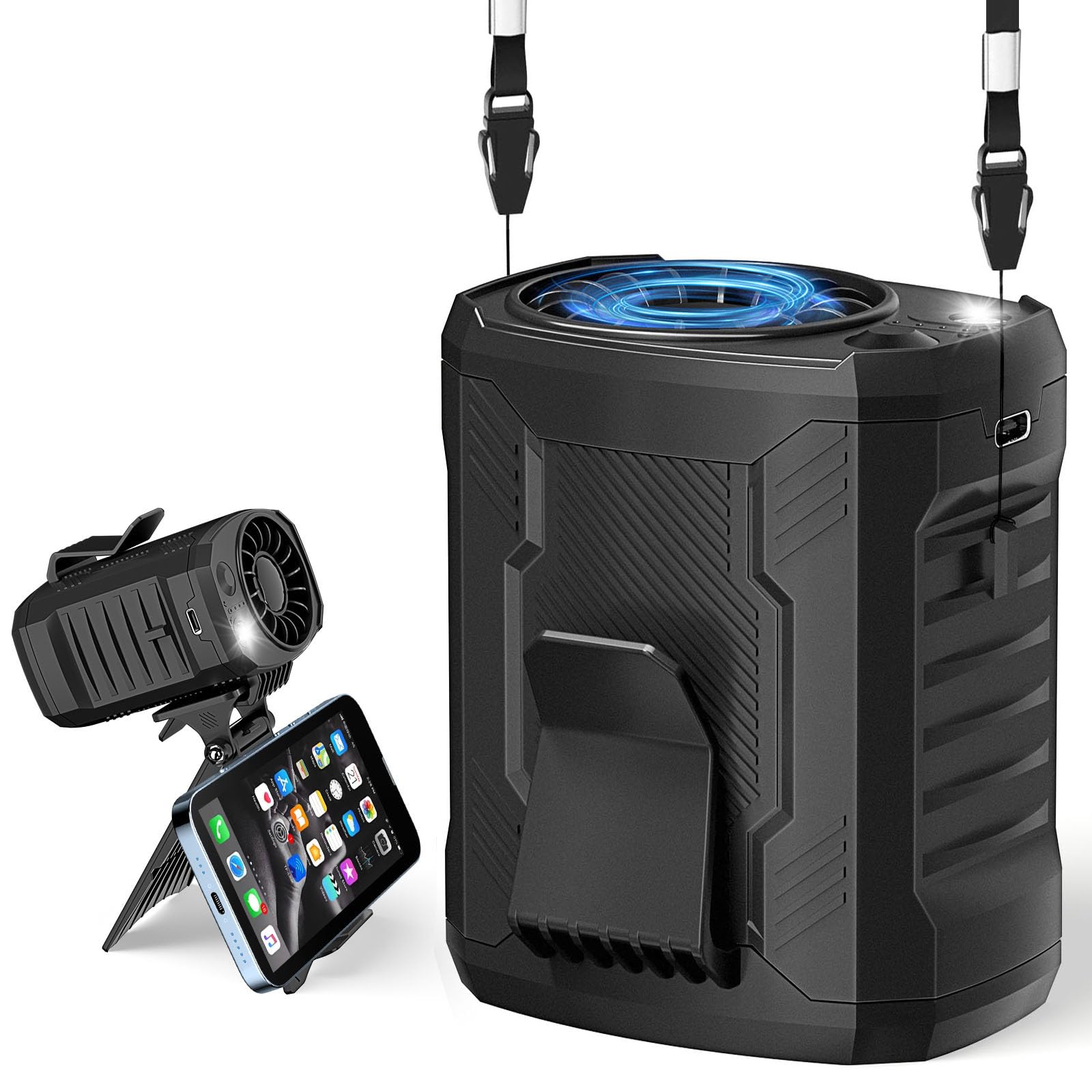 Portable 4-In-1 Waist/Neck/Desk Fan With Phone Stand & Led Light 7000Rpm Ultra-Fast Cooling, 4-Speed - Koospark