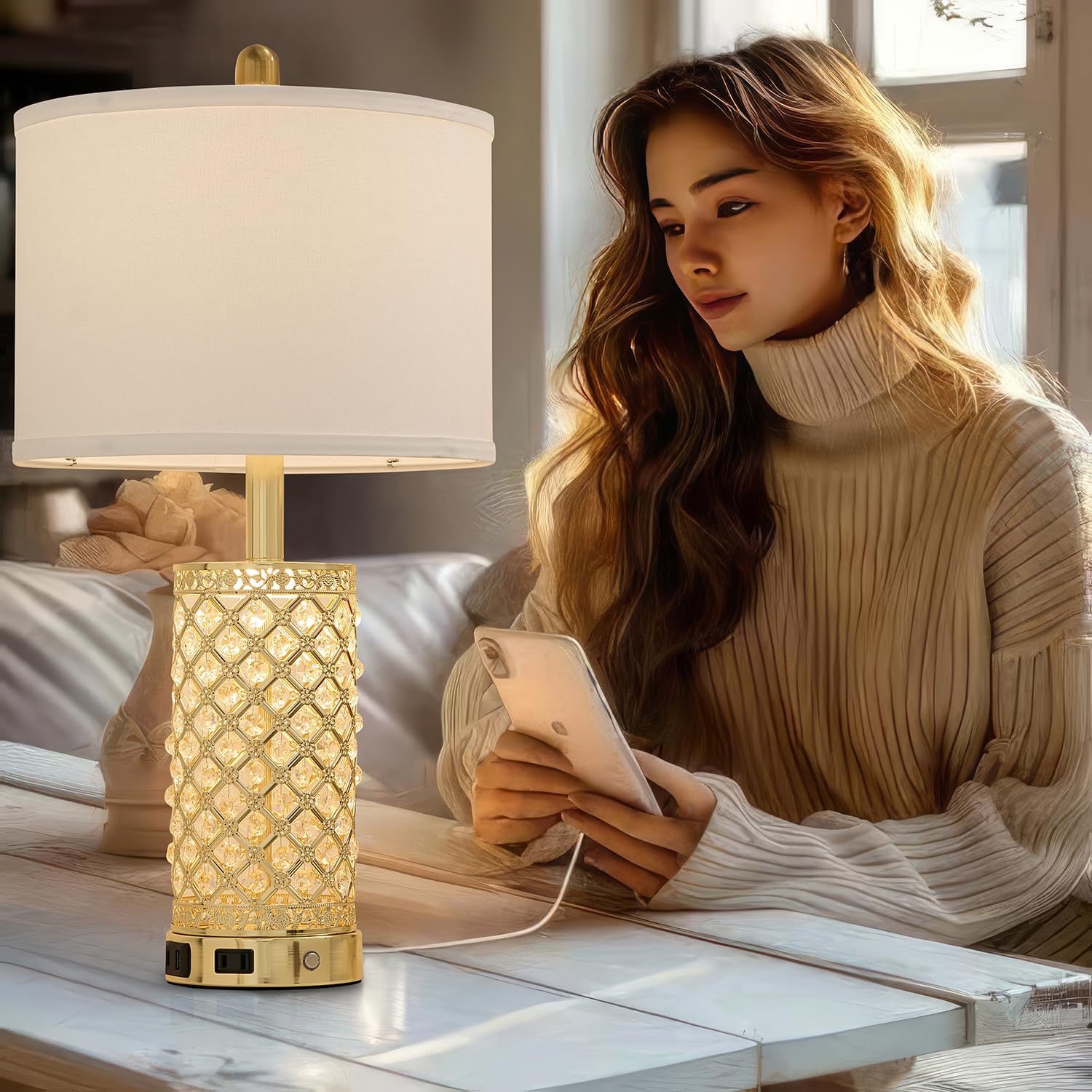 Saiweya 24" Modern Crystal Table Lamp Set Of 2-Gold Bedroom Lamps 3-Way Dimmable Touch Lamp With Night Light, 2 Usb Ports + Ac Outlet Bedside Night Stand Lamp For Living Room Office (Gold-2 Pack)