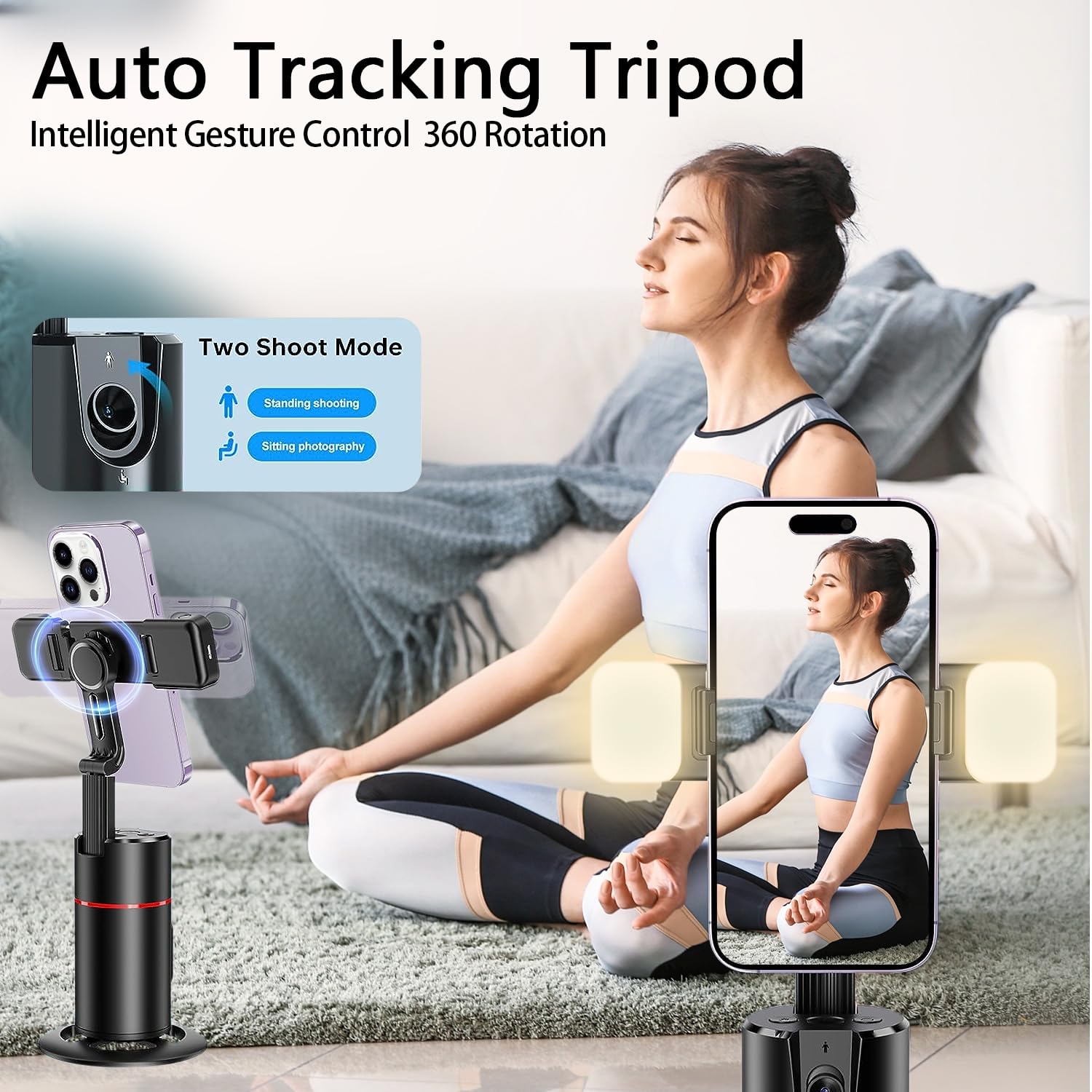 Afarer Auto Face Tracking Phone Mount With Fill Light, 360° Rotating Smart Tracking Tripod For Tiktok Live Streaming & Vlog, Smart Shooting Camera Mount For Iphone,No App Required.