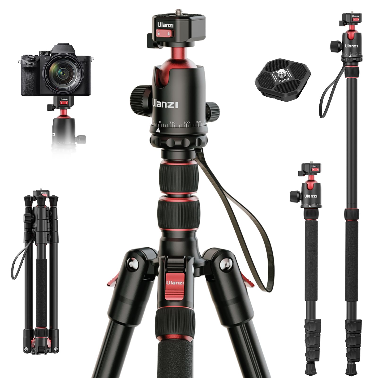 Ulanzi Tt31 Claw Quick-Release Camera Tripod, 72.4" Foldable Aluminum Tripod & Monopod, 360°Ball Head Detachable & Qr Plate W 180°Revertible Legs, Payload 33Lb, Adjustable Height From 23.62" To 72.44"