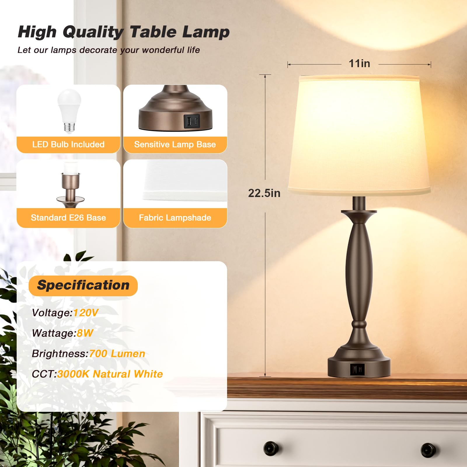 Seealle White Brown Lamps For Bedrooms Set Of 2 - Touch Control Bedside Lamp With Usb C+A, 3 Way Dimmable Nightstand Lamps With Usb Port, Table Lamp For Living Room(White Shade And Brown Base)