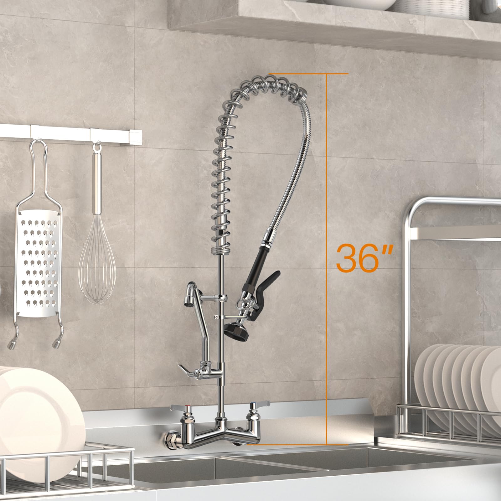 Fauaid Commercial Sink Faucet With Sprayer 36"Height 8"Center Brass Constructed Wall Mount Commercial Kitchen Faucet With Pull Down Pre-Rinse Sprayer And 12" Swing Spout For 2/3 Compartment Sink(36")