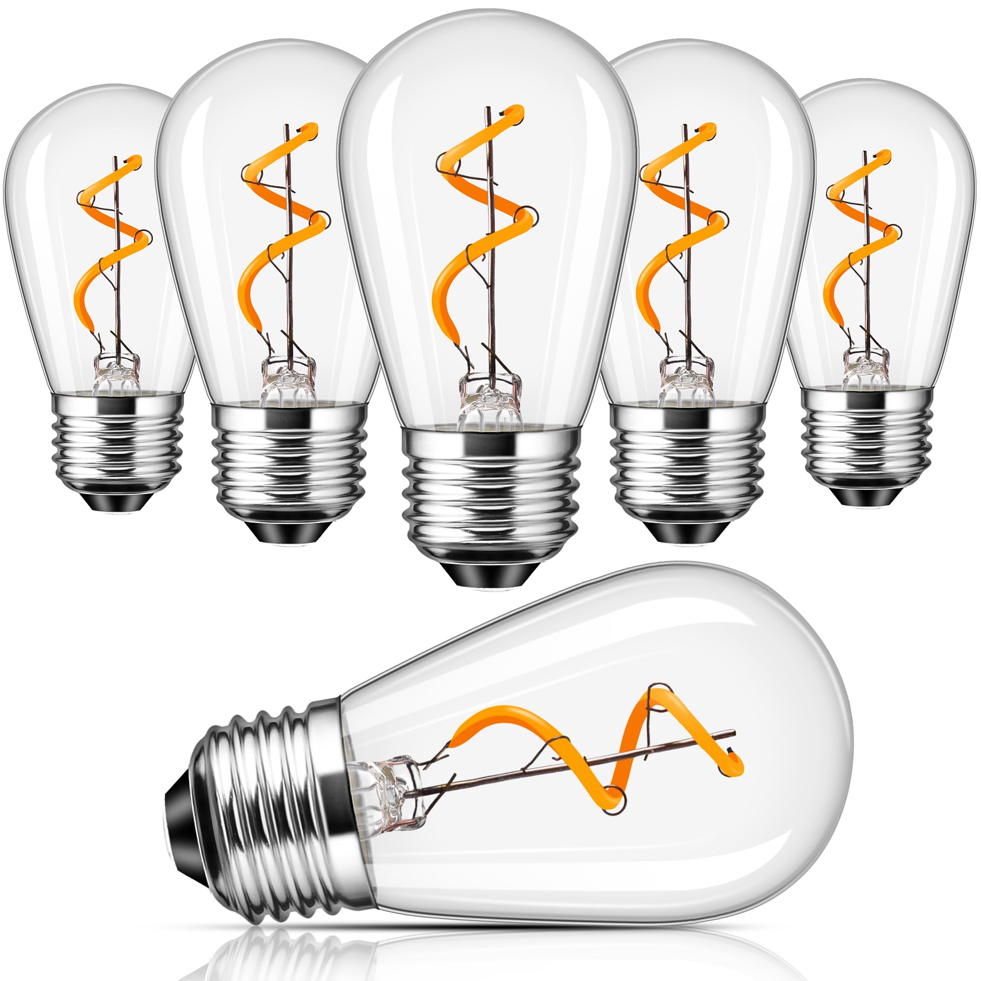 Sphoon Outdoor String Light Led Bulbs S14 Replacement Led Spiral Filament Lights Bulb 1.5W=15W For Garden Patio Warm White 2200K,100Lm,Clear Glass,Non-Dimmable,E26 Base,6 Pack
