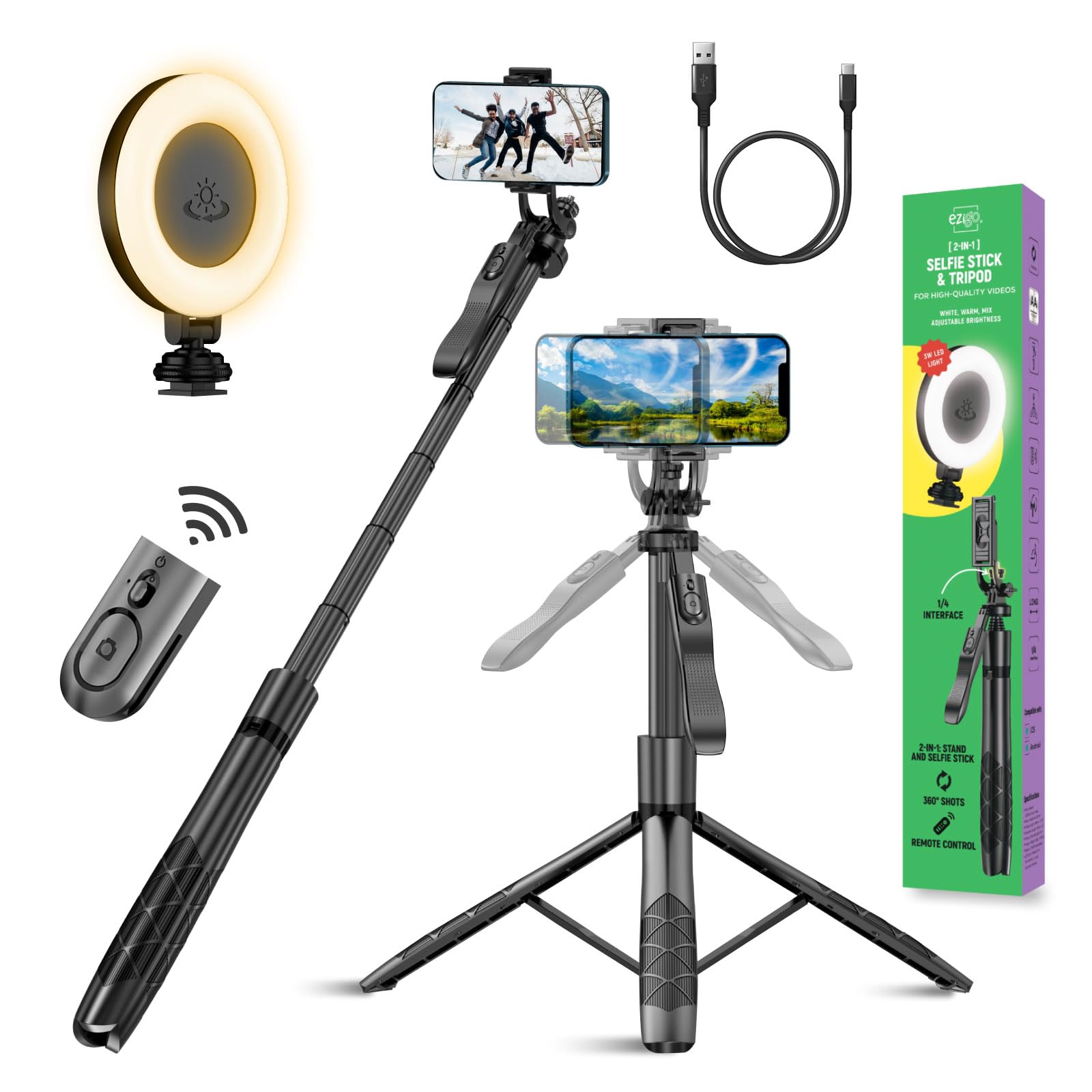 Ezigo Phone Tripod 62" Selfie Stick For Iphone With Remote And 3W Led Light, Universal Mount, Phone Stand For Recording & Streaming, Tripod For Iphone & Android Phone & Gopro