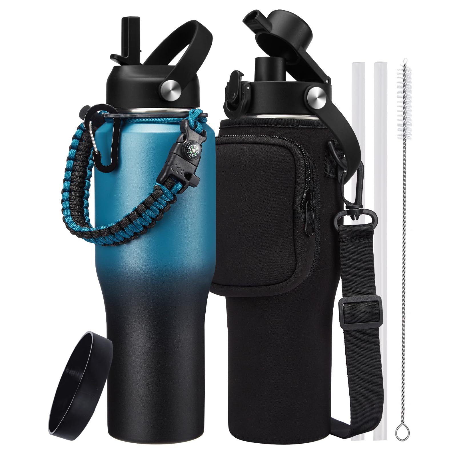 32 Oz Insulated Tumblers Metal Water Bottles - With Paracord Handle, Waterbottle With Straw