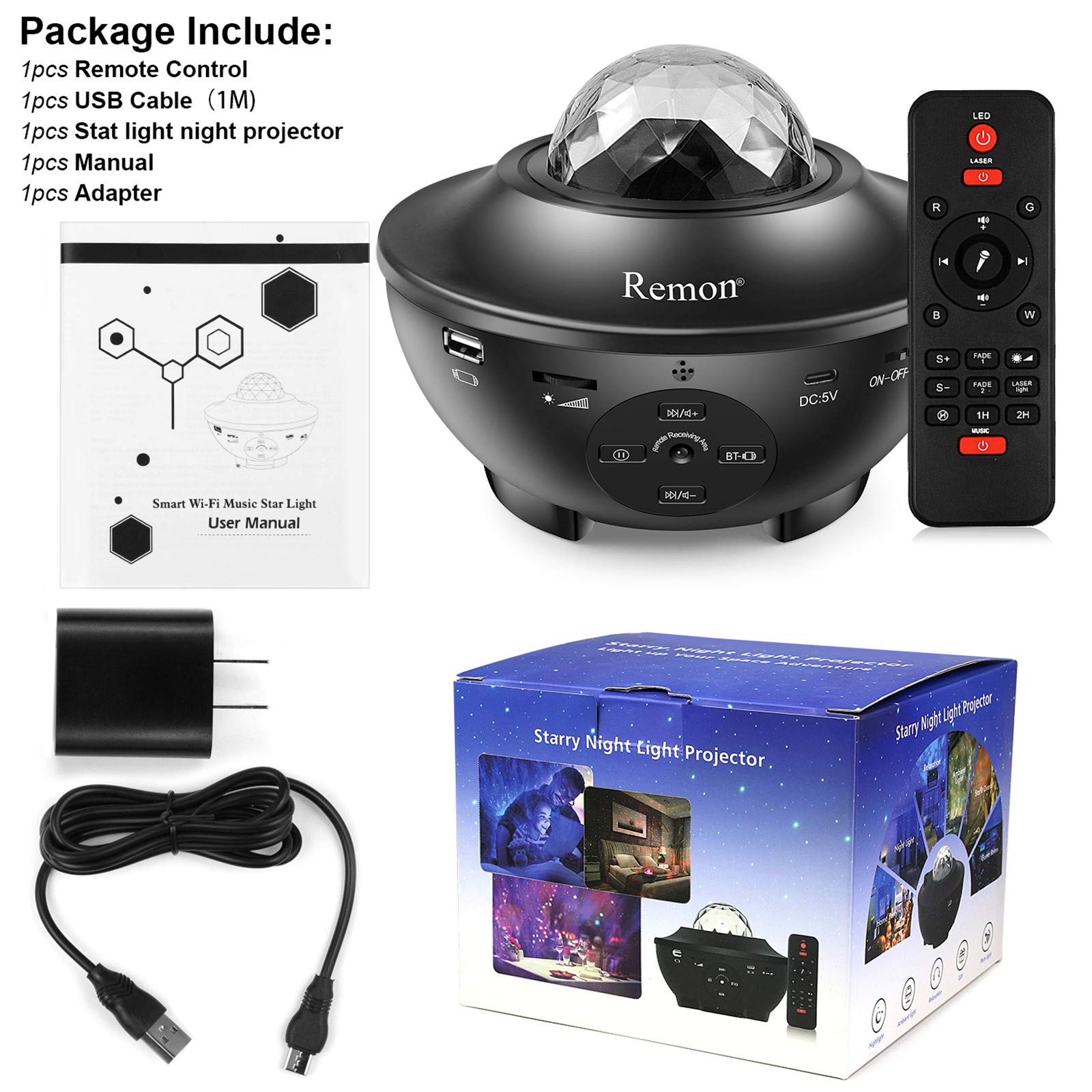 Remon Star Projector Galaxy Projector Smart Night Light With 10 Colors Ocean Wave And Starry Scene Works With Alexa And Google Home, Valentine Bluetooth Music Speaker For Kids Bedroom