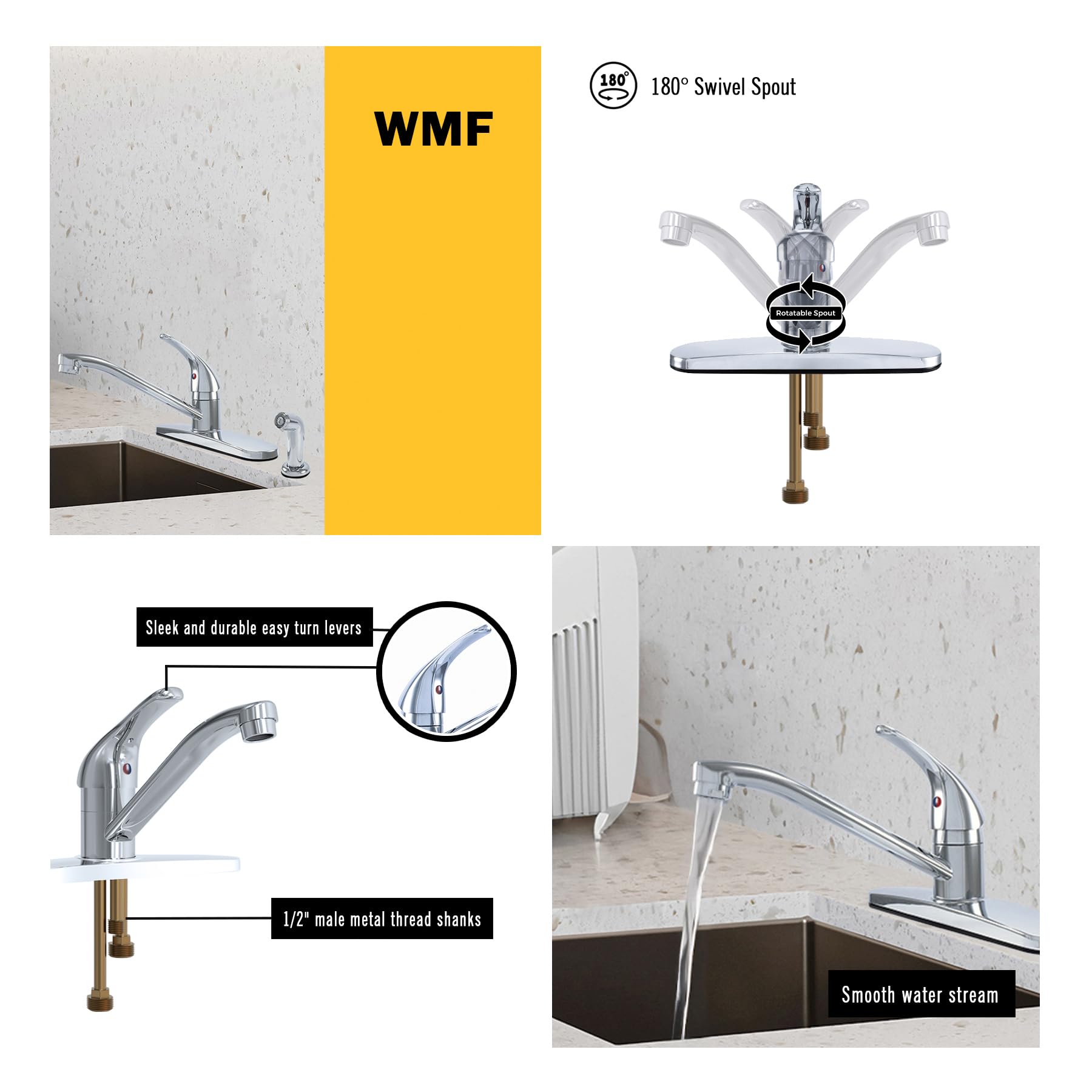 Wmf Wmf-8348Z-Bn Kitchen Sink Faucet With Side Spray, Single Handle Kitchen Faucets, Brushed Nickel, Hybrid Metal Deck, Swivel Faucet
