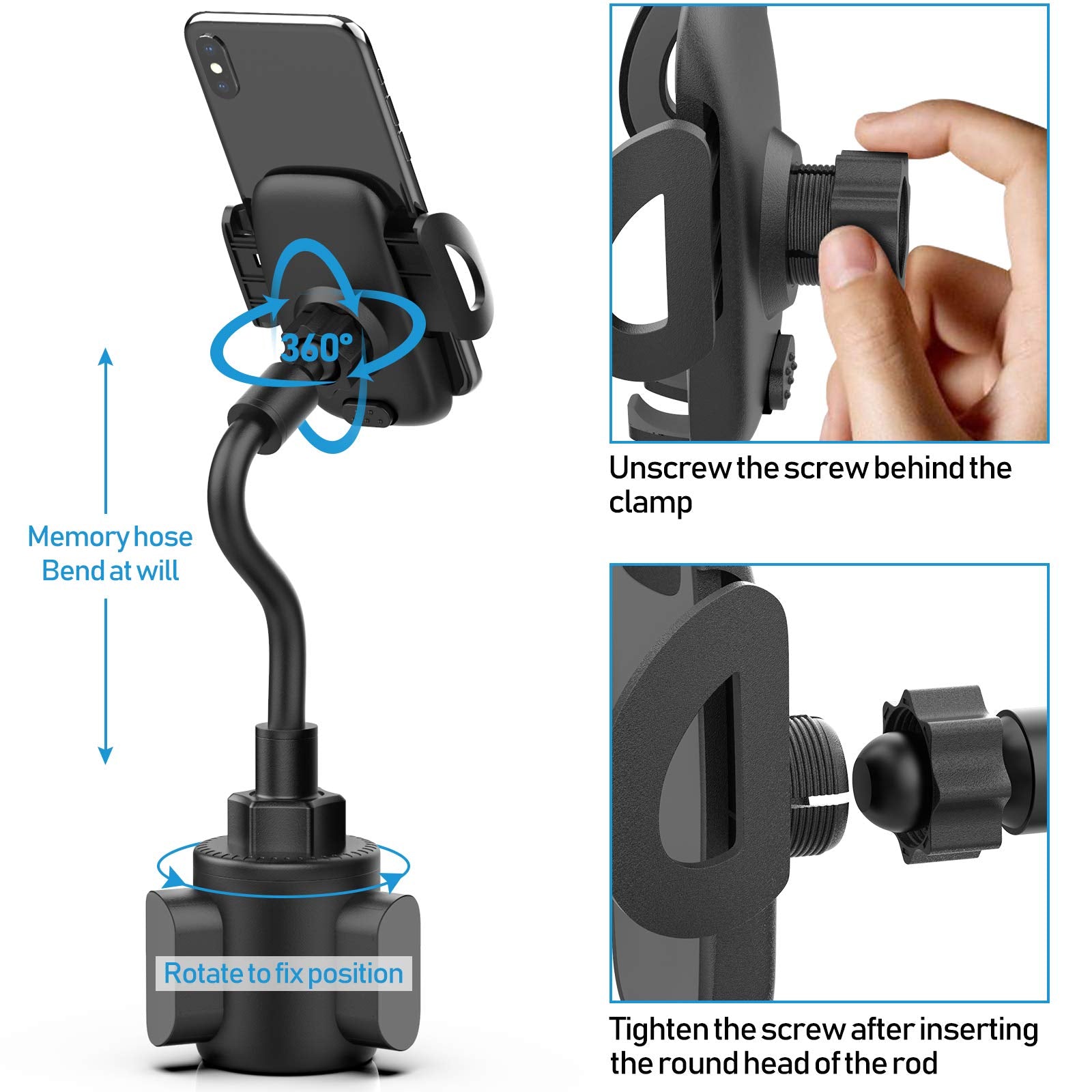 Bokilino Car Cup Holder Phone Mount, Adjustable Gooseneck Cup Holder Cradle Car Mount For Cell Phone Iphone 11 Pro/11 Pro Max/11/X/Xs/Xs Max/8/8Plus,Samsung,Huawei,Lg, Sony, Nokia (Black)