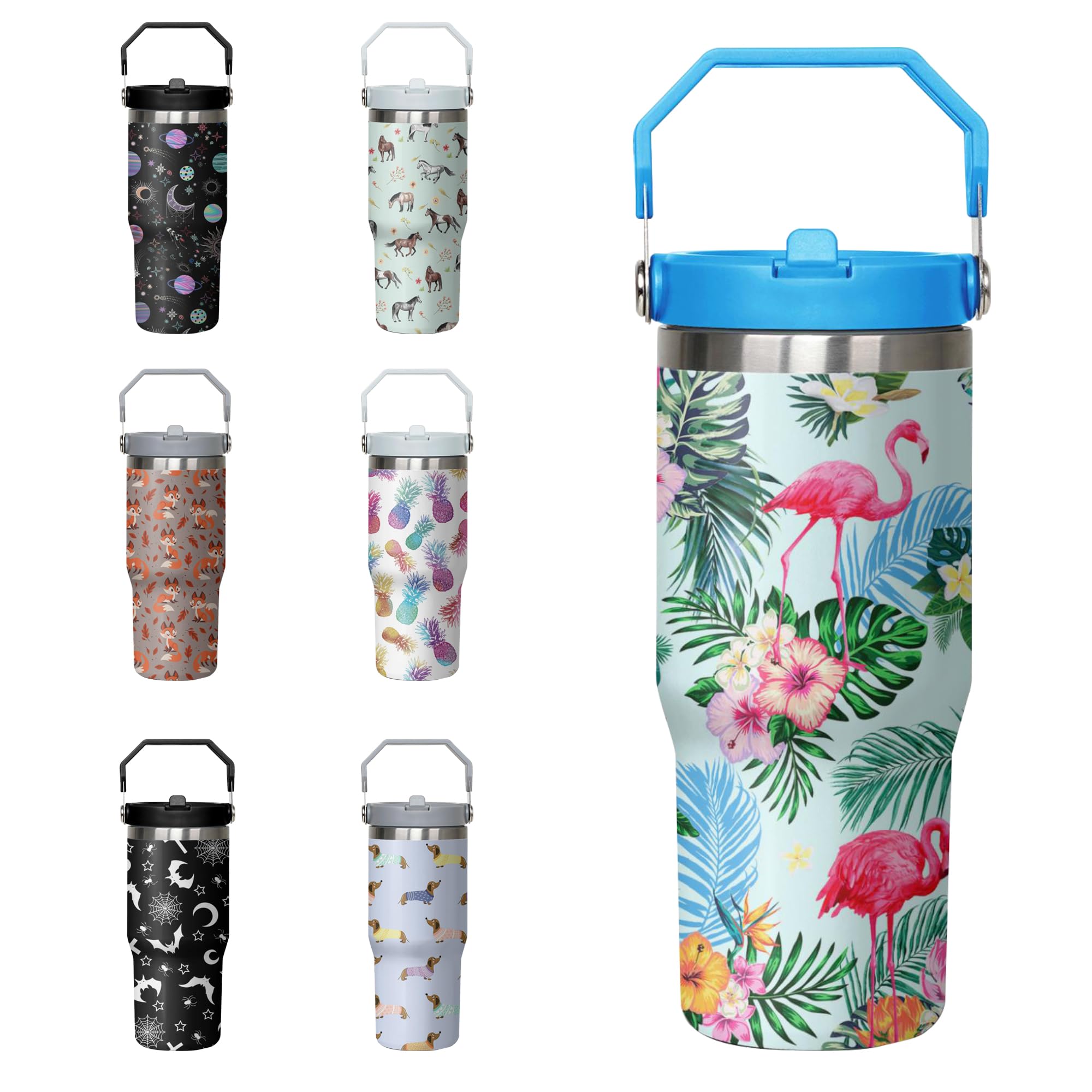 Flamingo Tumbler With Handle And Flip Straw For Women Men, 30Oz Stainless Steel Insulated Cup