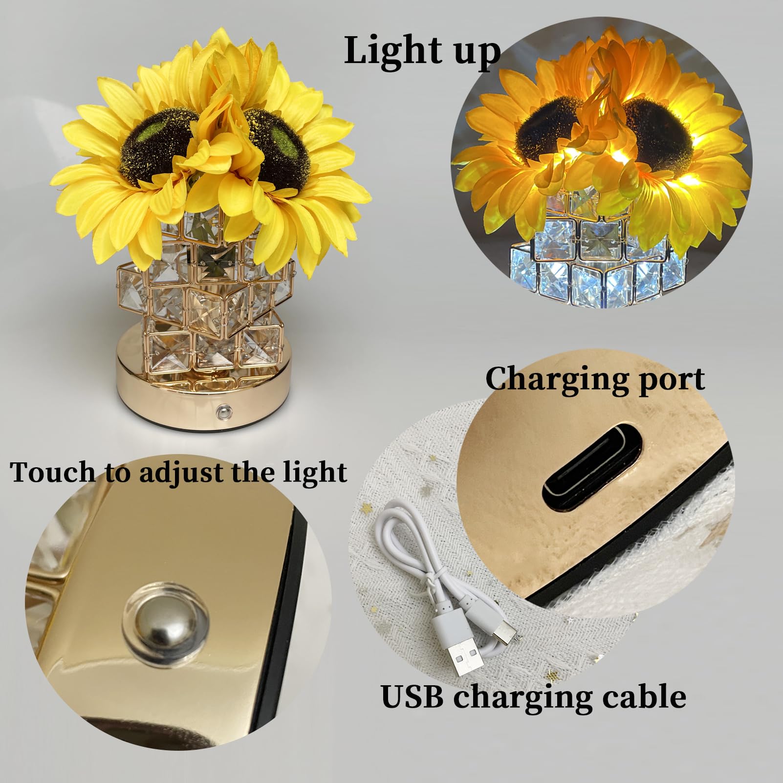 Yunbiaosen Sunflowers Flower Lamp,3-Colour Infinitely Dimming Small Night Light,Rechargeable Cordless Touch Table Lamp,Home Office Decor Birthday For Women Mom (Crystal Magic Cube Sunflower)