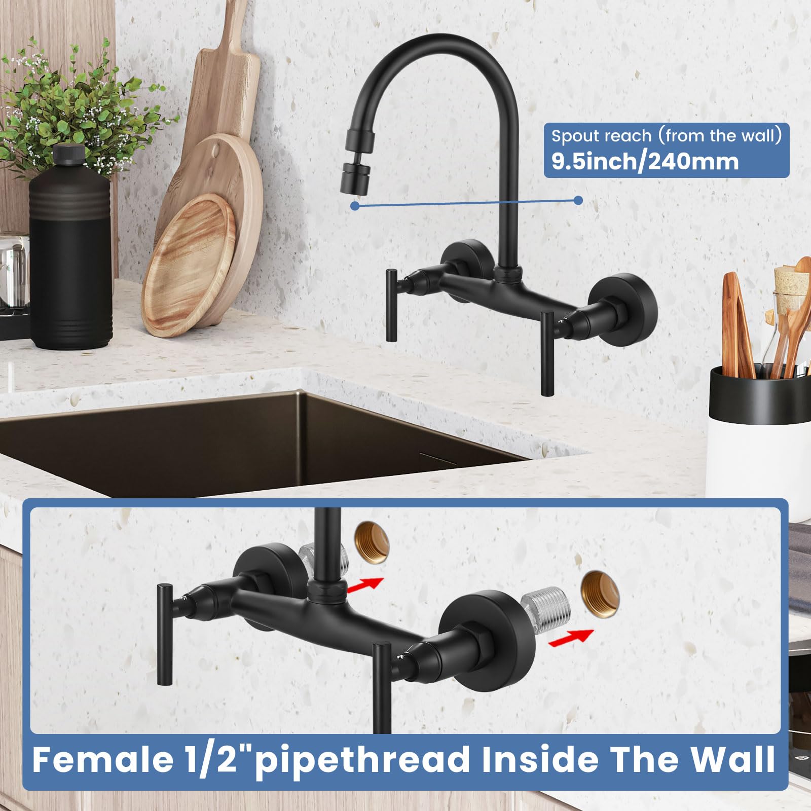 Airuida Wall Mount Kitchen Sink Faucet Wall Mounted Kitchen Faucets 8 Inch Center Double Handles 360 Degree Swivel Spout Restaurant Utility Laundry Commercial Mixer Tap Matte Black