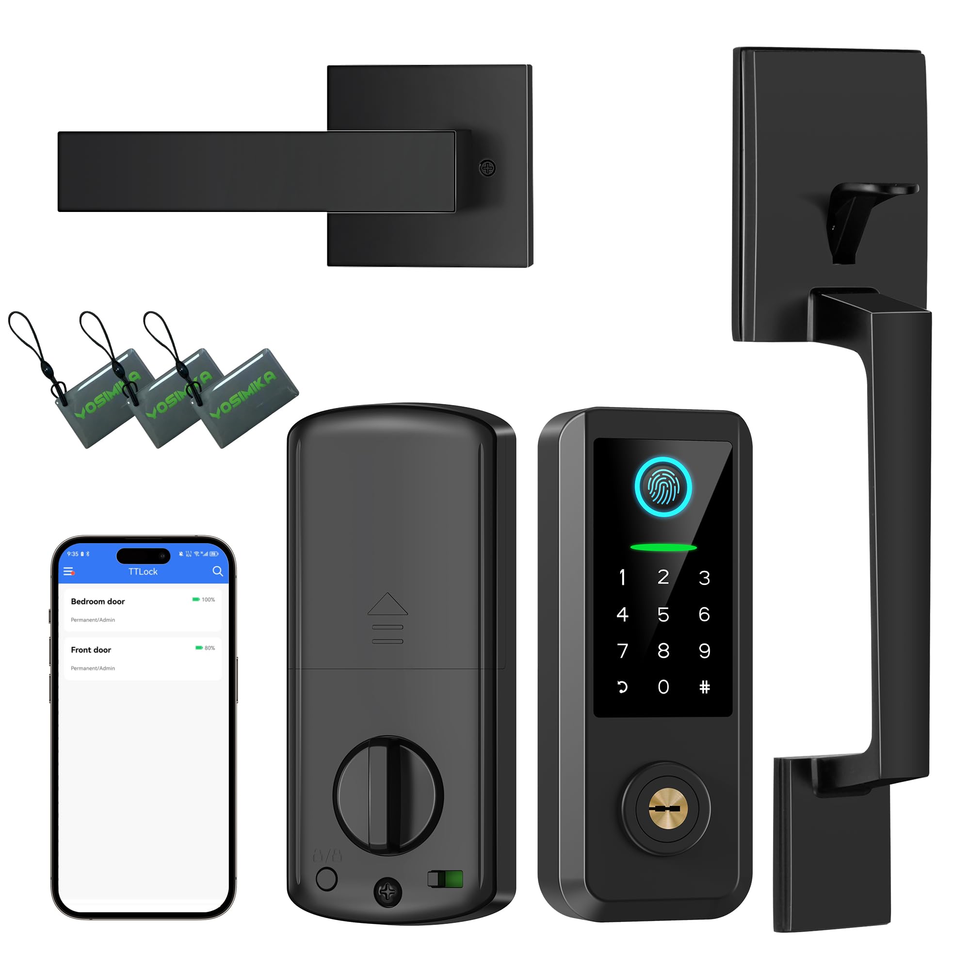 Yosimika Fingerprint Smart Door Lock With Handle Set, Keyless Entry Door Lock With Keypad,5-In-1 Deadbolt,Bluetooth Deadbolt With Auto Lock,Black