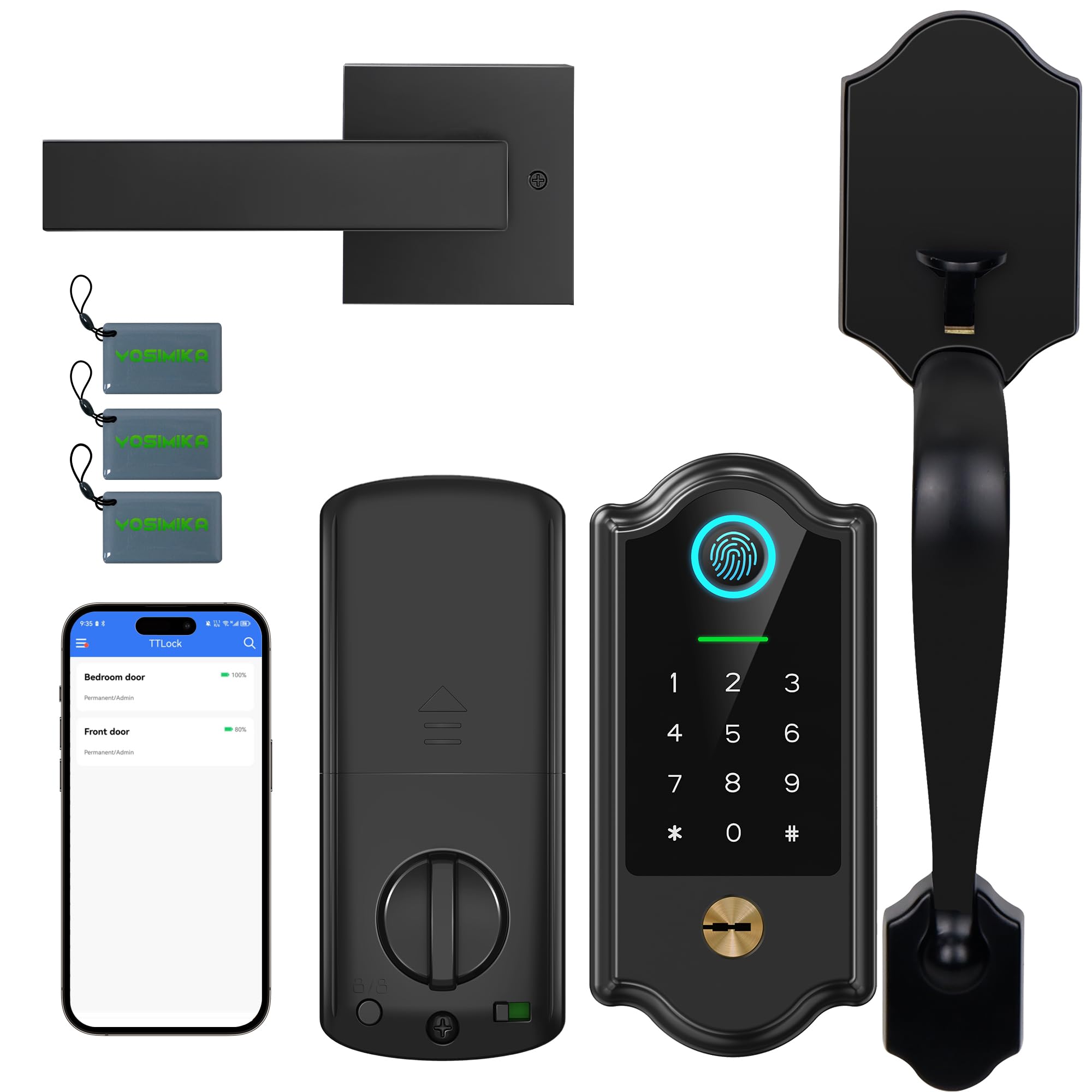 Yosimika Smart Fingerprint Door Lock For Front Door – Keyless Entry Deadbolt With Handle Set, Digital Keypad, App Control, Auto Lock, Easy Install, Matte Black