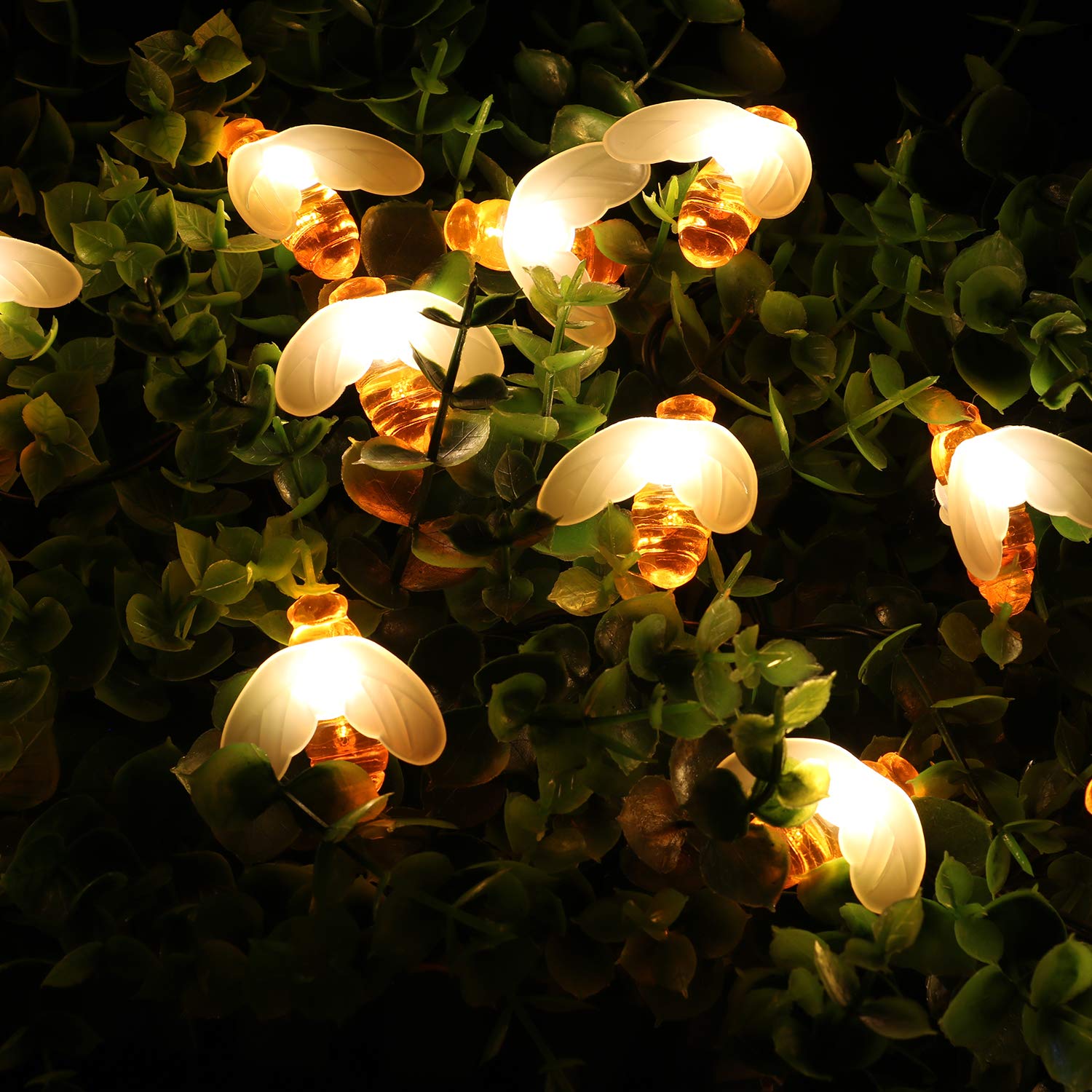 Pacjoy Solar Honeybee String Lights 30Led Outdoor Waterproof Simulation Cute Bee Shape Fairy String Light Decor For Garden Patio Xmas Decorations Warm White