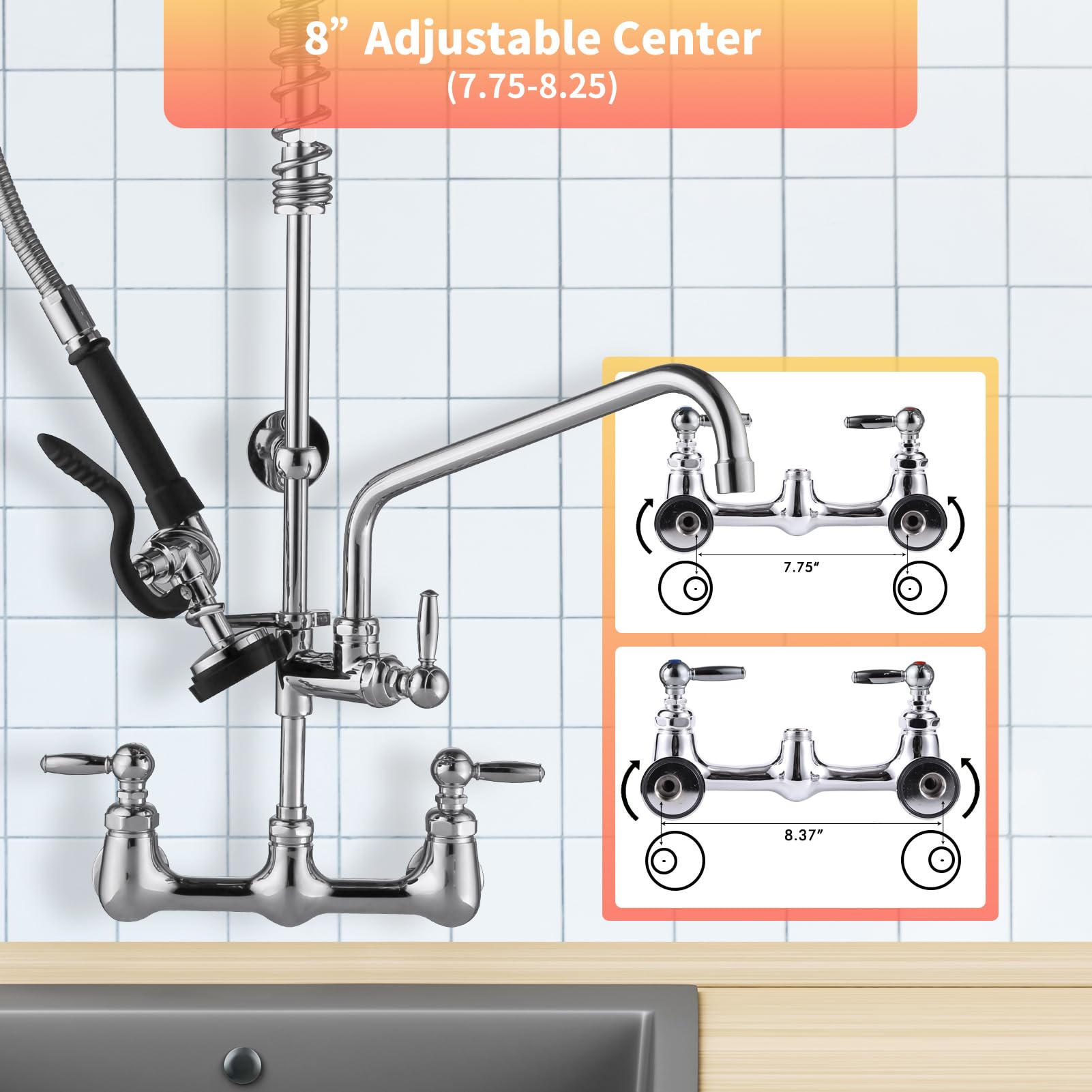 Golrean Commercial Sink Faucet With Pre Rinse Sprayer, Wall Mount Kitchen Faucet For 3 Compartment Sink, 36" Height, 8 Inch Restaurant Commercial Faucet With 12’’ Spout, Brass, Industrial