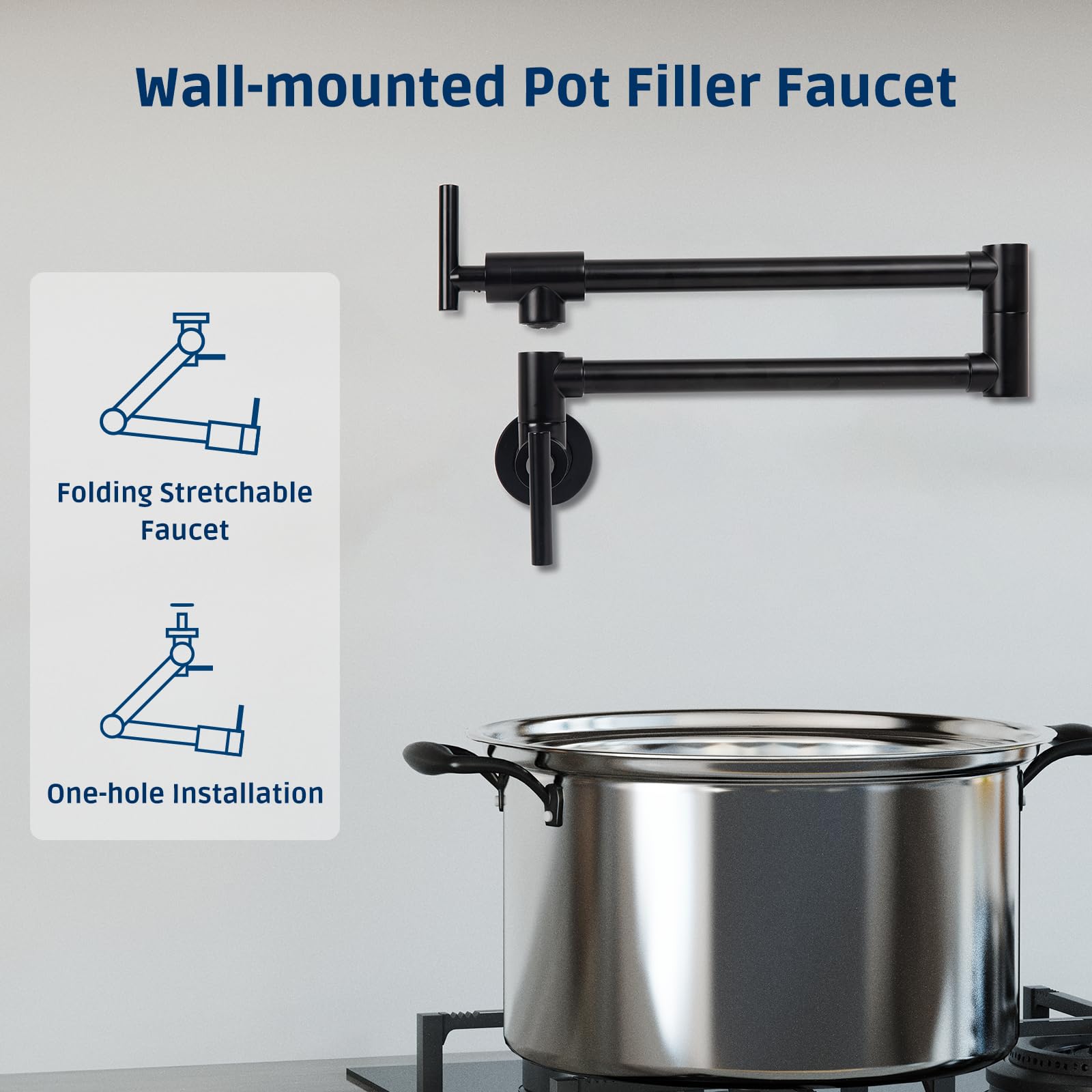 Allkorma 24" Brass Pot Filler Faucet, Wall Mount Over Stove Kitchen Folding Faucet, Pot Fillers For Stove, 2 Handles With Double Joint Swing Arms, Matte Black