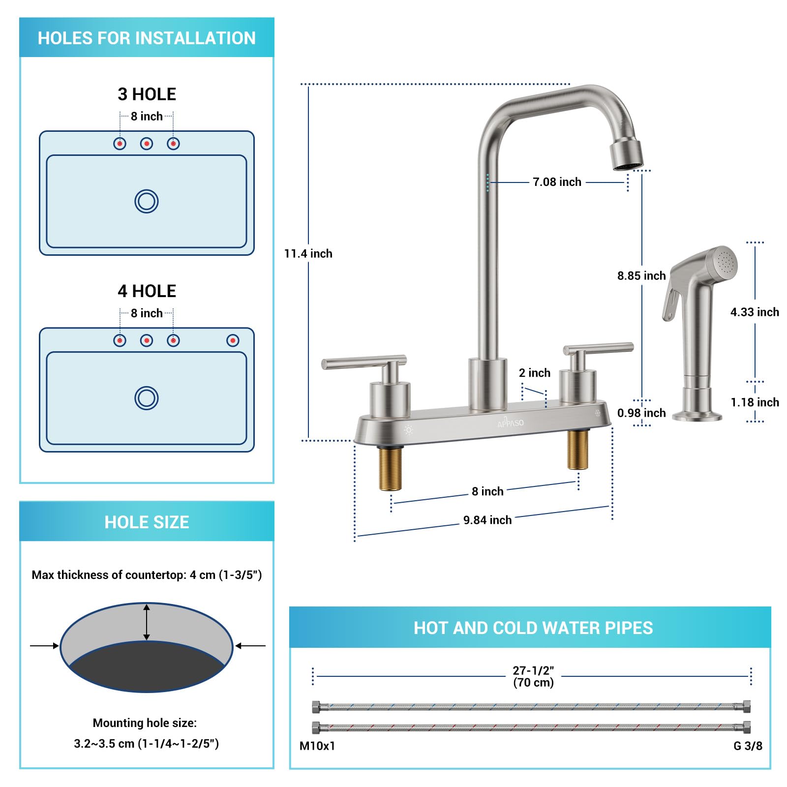 Appaso Kitchen Faucet With Side Sprayer, Brushed Nickel Kitchen Sink Faucet, 4 Hole Kitchen Faucet, Stainless Steel Faucet For Kitchen Sink, 2 Handle Faucets With High Right Angle Spout