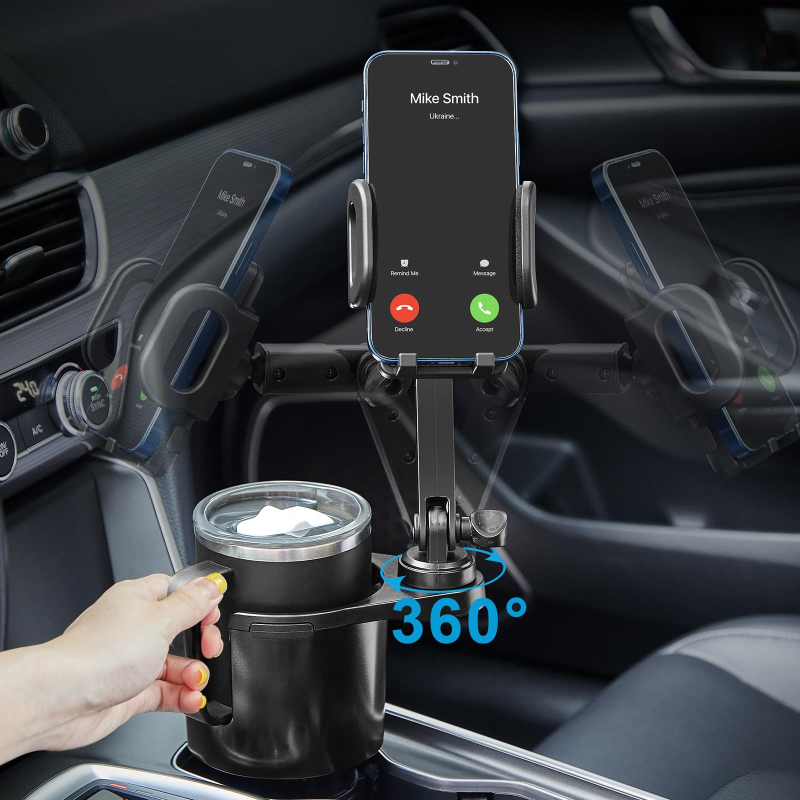 Scrwvess Cup Holder Phone Mount, 2 In 1 Cup Holder Expander For Car Long Arm With 360°Rotation Cup Holder Cell Phone Holder For Car Compatible With All Smartphones