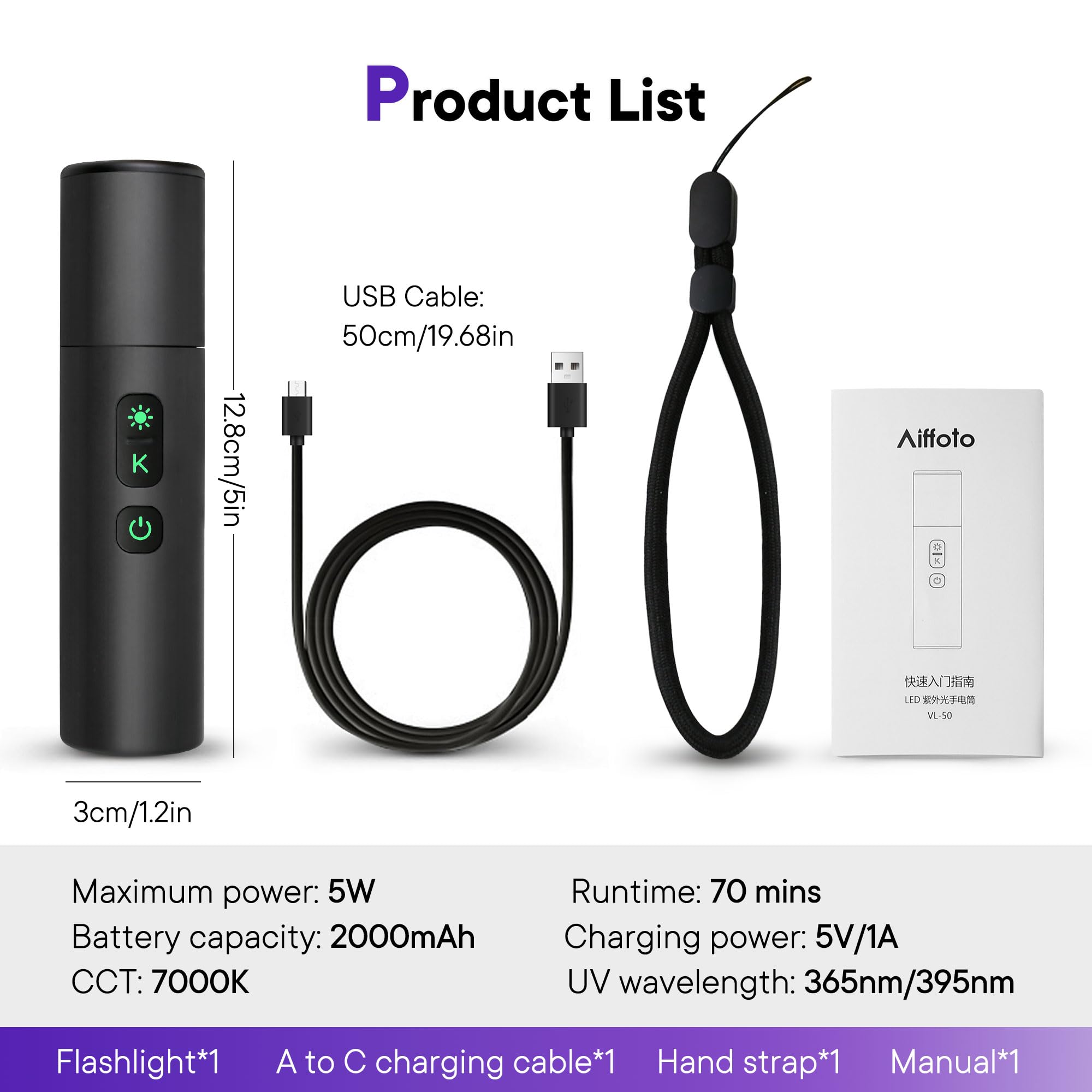 Aiffoto Uv Flashlight, Portable Black Light 2000Mah Rechargeable Flashlight, 365Nm, 395Nm, 7000K 3-In-1 Led Light Zoomable, For Uv Resin Curing, Pet Urine Detector, Fluorescent Detection, Outdoor