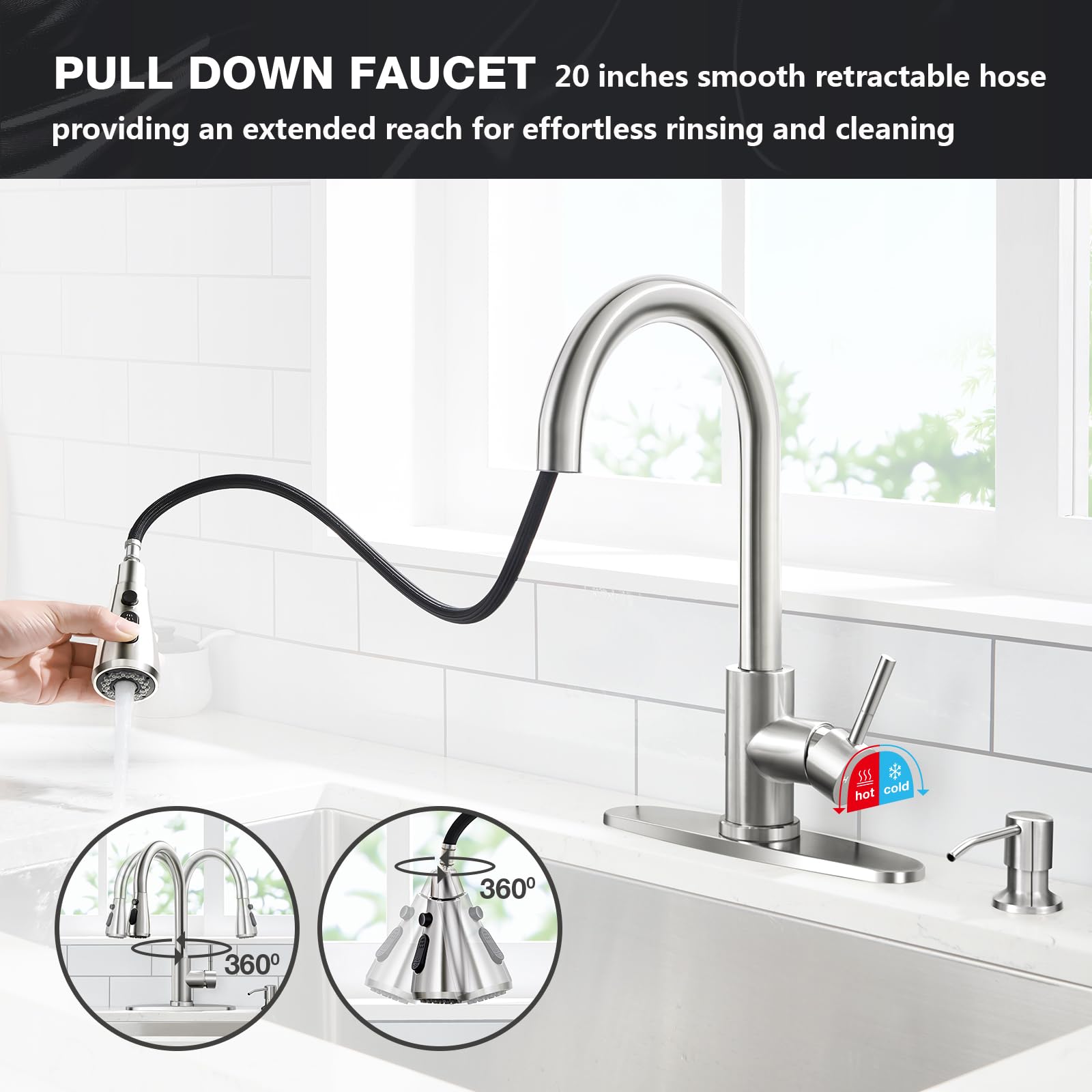 Ceihnau Kitchen Faucets With Soap Dispenser, Stainless Steel Kitchen Sink Faucet With Pull Down Sprayer, 3 Mode High Arc Brushed Nickel Single Hole Pull Out Faucet For Bar Laundry Rv Utility Outdoor