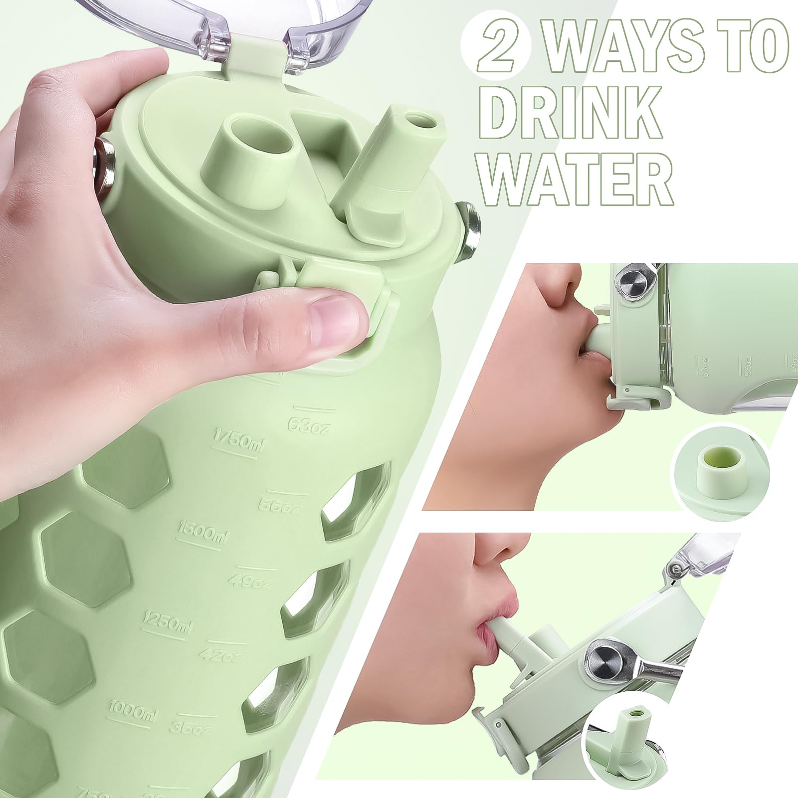 Mukoko 64Oz Glass Water Bottles With Straw And Lid,Half Gallon Water Bottle With Time Marker