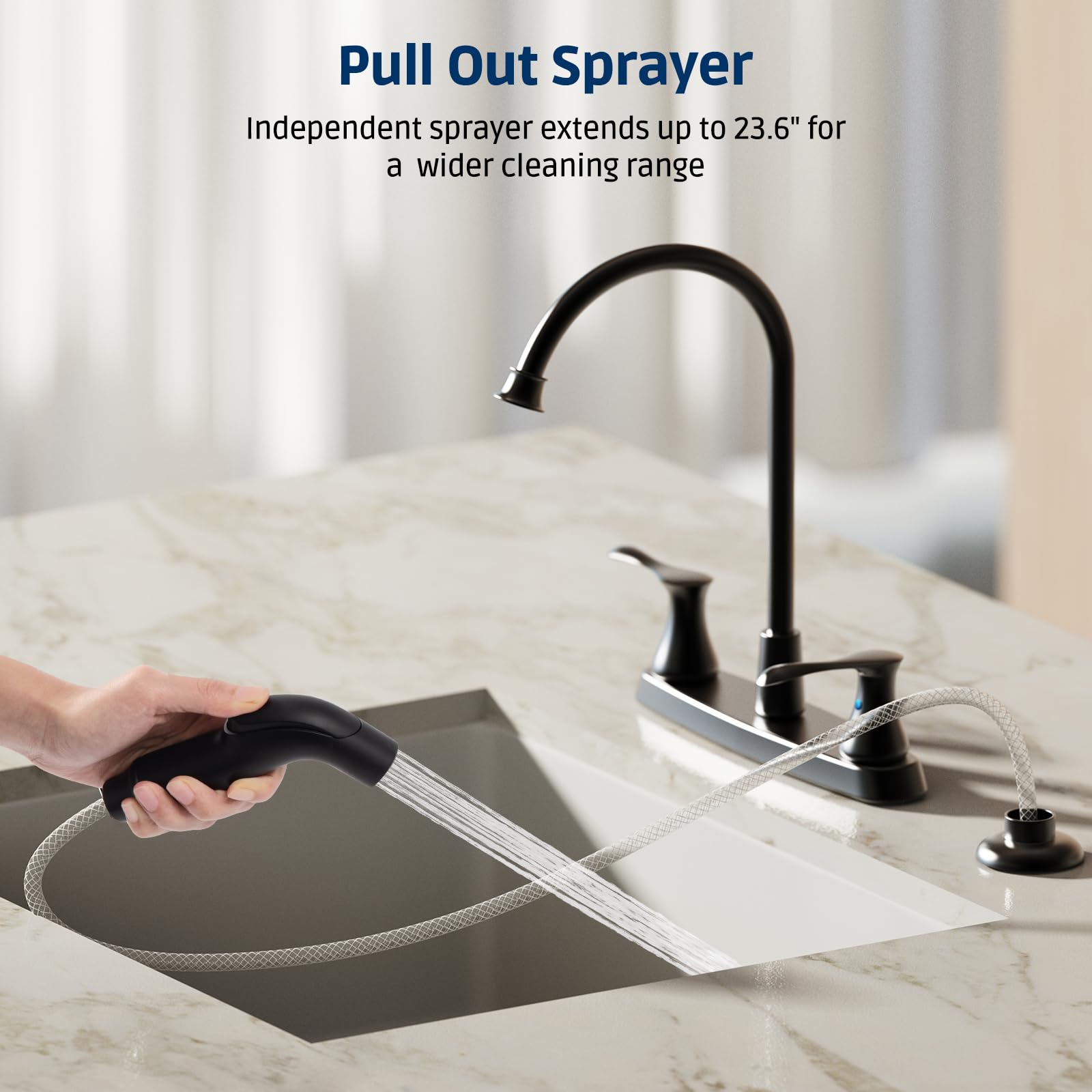 Allkorma Kitchen Faucet With Side Sprayer, 2 Handles High Arc Kitchen Faucet With Pull Out Sprayer, 4 Holes 8 Inch Centerset Kitchen Sink Faucet, Stainless Steel, Matte Black