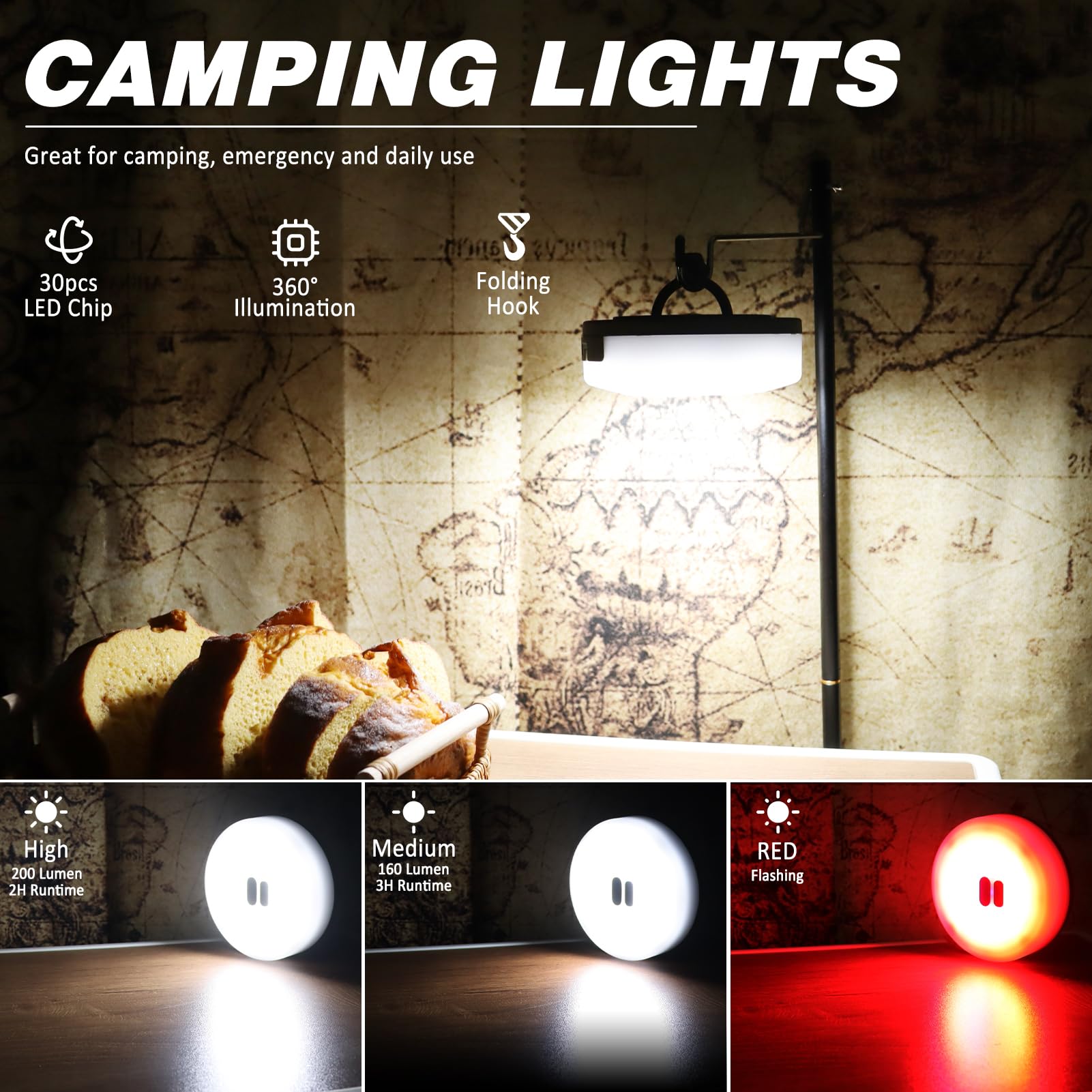 Dibms 1-Pack Camping String Light W/Lamp, 32.8Ft Rechargeable Waterproof Led Hanging Light For Outdoor Camping Awning Tent Garden Party Festival Decor
