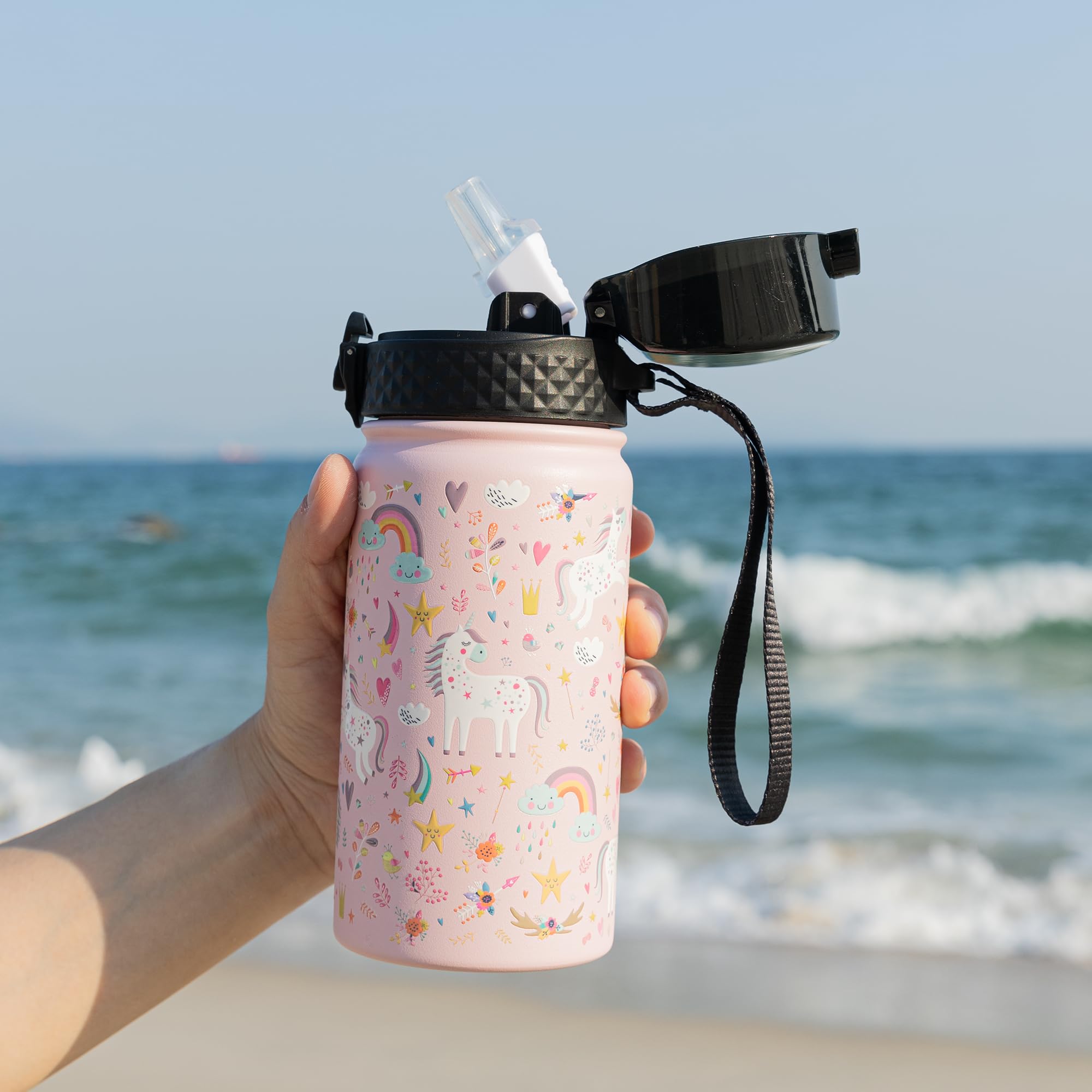 Goppus Kids Water Bottle (Straw Lid) - 14 Oz Stainless Steel Travel Bottle, Double Wall Vacuum Leak