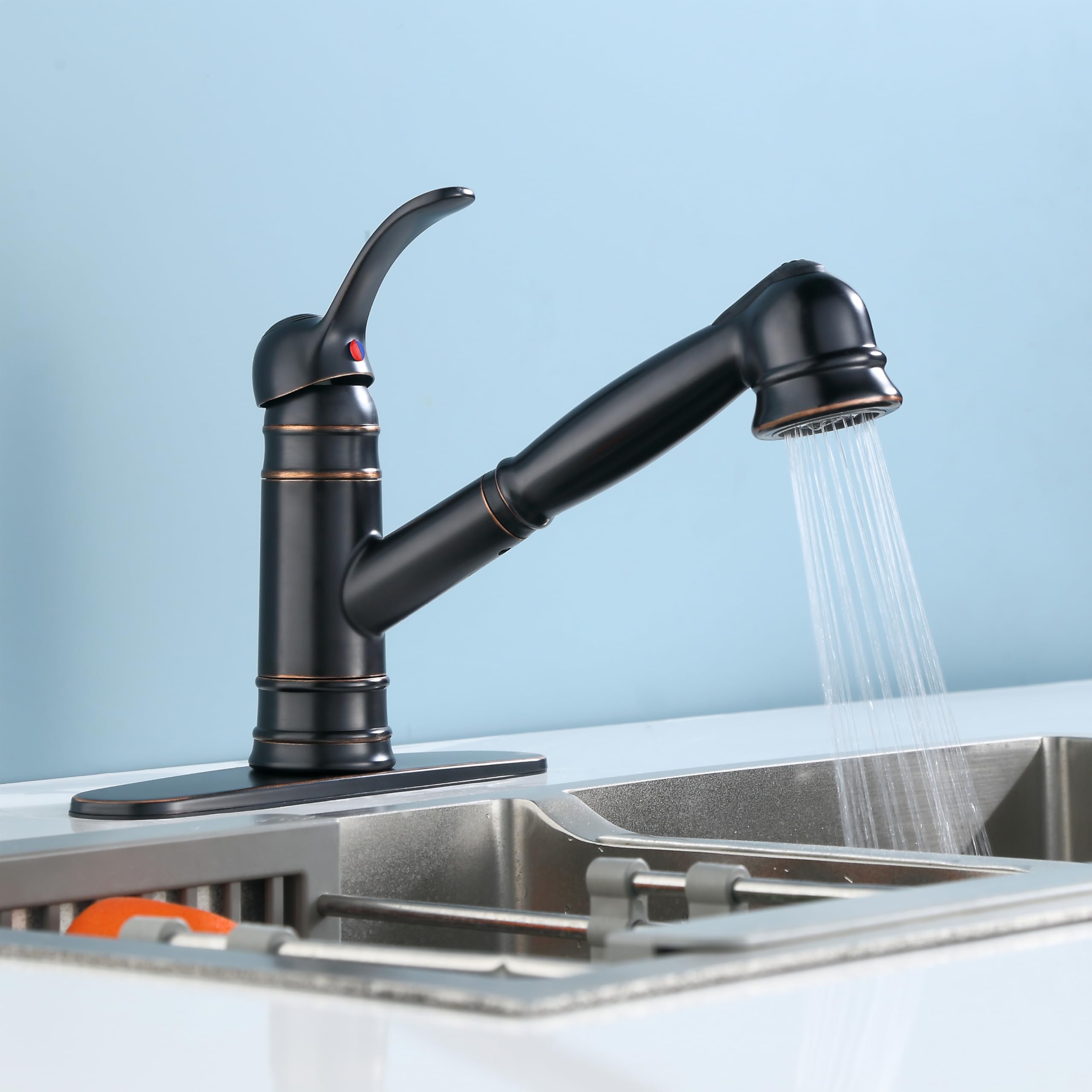 Derengge Single Handle Pull Out Kitchen Faucet,1 Hole Or 3 Hole Installation Kitchen Sink Faucet With Deck Plate, Oil Rubbed Bronze