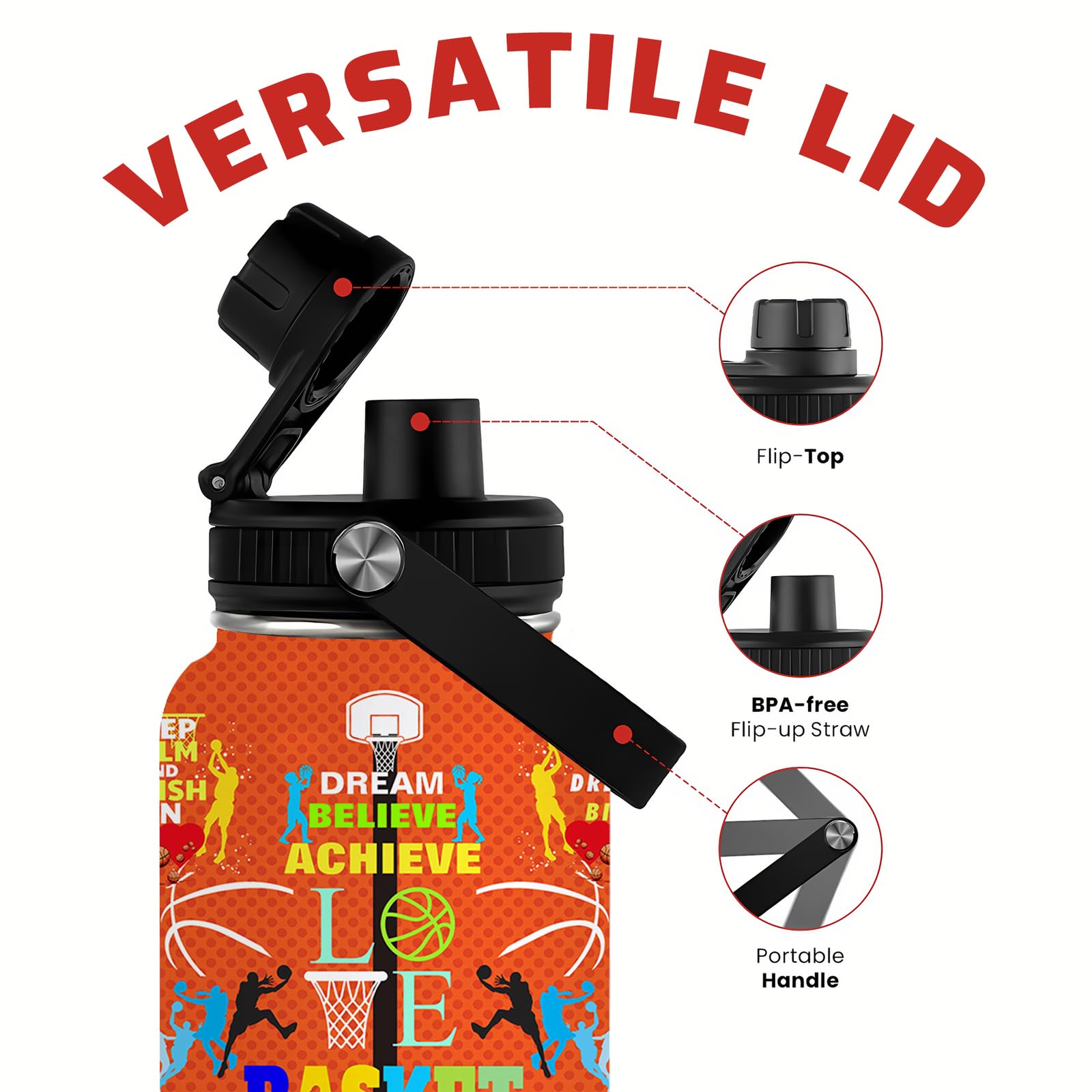 Basketball Water Bottle 32Oz Insulated Sports Water Bottles Basketball For Men Women