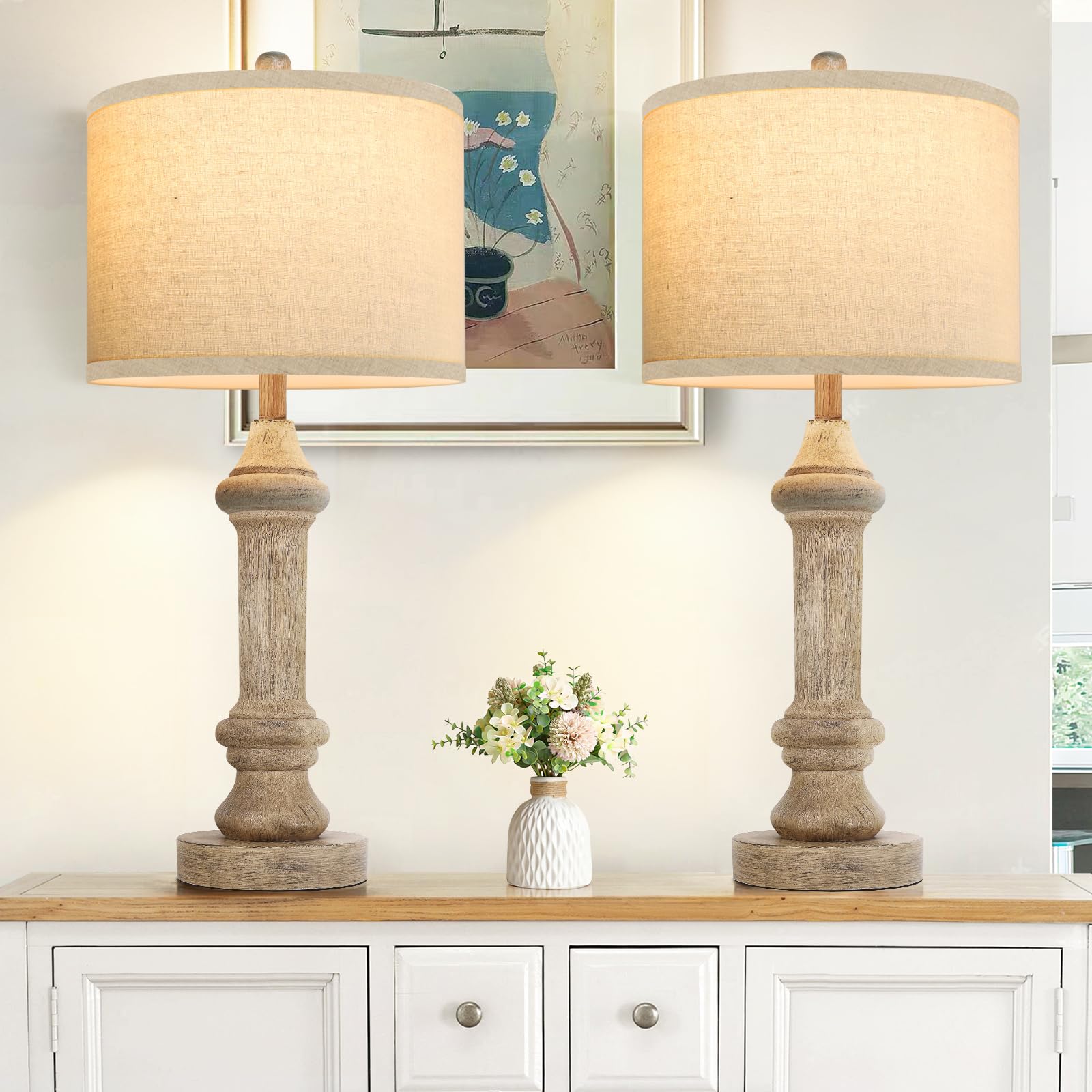 Spclsim Farmhouse Table Lamps For Bedroom Set Of 2, 25" Rustic Living Room End Table Lamps With Beige Resin Body Black Aged Texture Beige Shade, Vintage Bedside Nightstand Lamps, Bulb Not Included