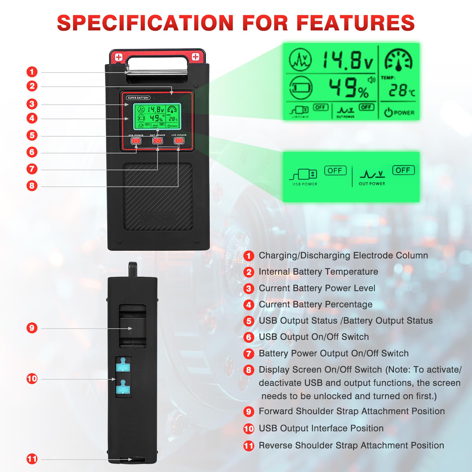 Yl-Hlot  Electric Reel Battery. 14.8V 20000Mah. Includes 1.5M Connecting Cable. Power Output. Usb Port. Display. Three Modes Turn On Or Off Individually. Smarter Battery Make Fishing More Fun.