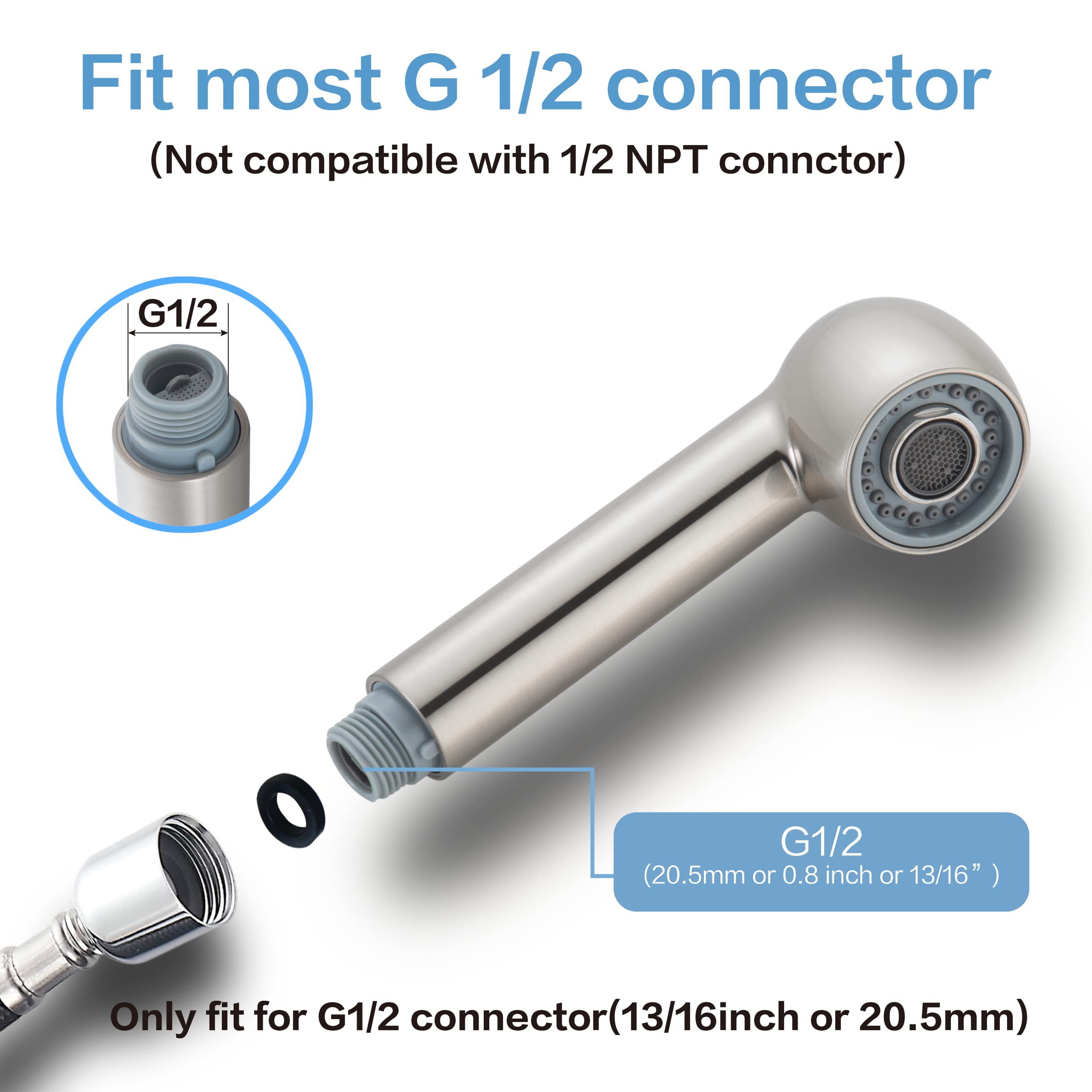 Quan Hua Kitchen Faucet Head Replacement,G1/2 Or 13/16Inch Pull Out Sprayer Head For Kitchen Sink 2-Function Faucet Spray Head Replacement Parts Brushed Nickel