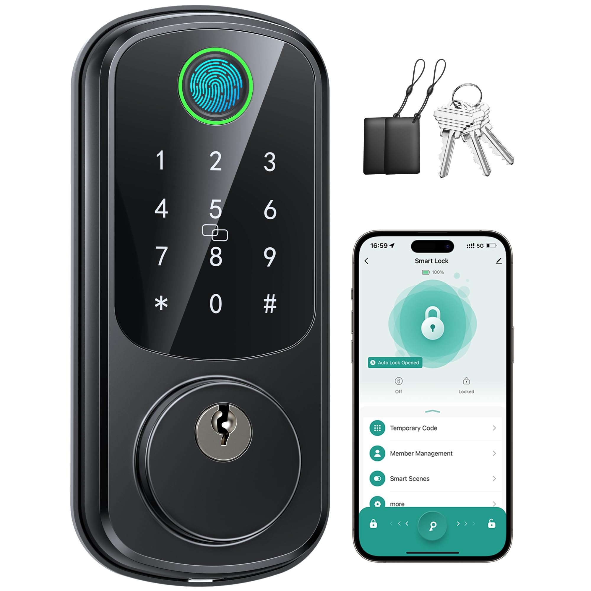 Sohoteco Smart Fingerprint Door Lock, Keyless Entry Door Lock With Security Smart Deadbolt And Touchscreen Keypad, App Control, Auto Lock, Easy Installation, Black