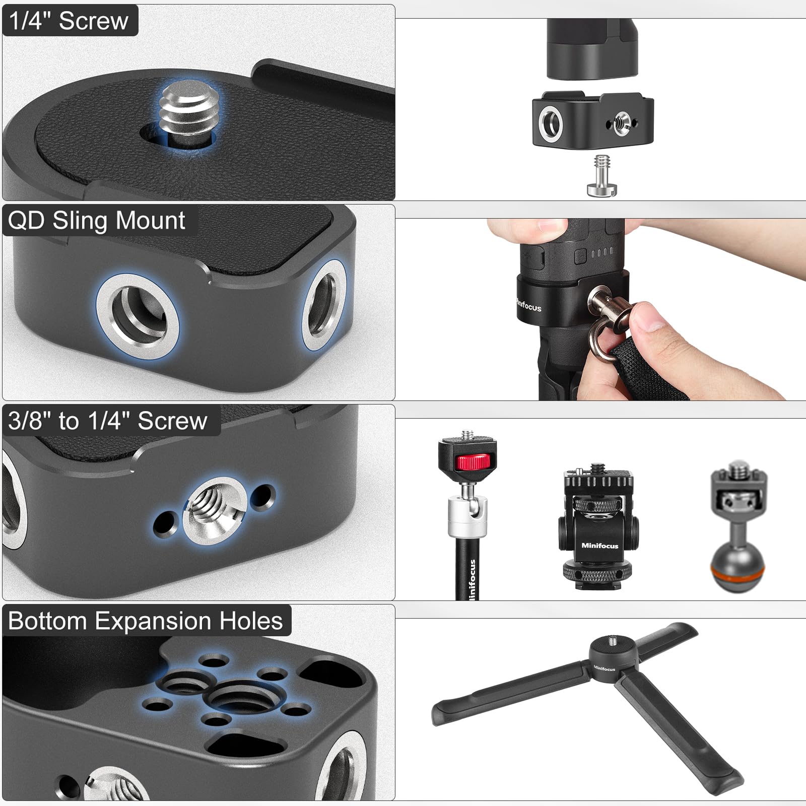 Minifocus Battery Handle Base Compatible With Dji Rs 4/Rs 4 Pro/Rs 3/Rs 3 Pro/Rs 2, Weight-Reducing Baseplate Accessory Mounting Bracket With Qd Socket, 1/4" & 3/8" Threads