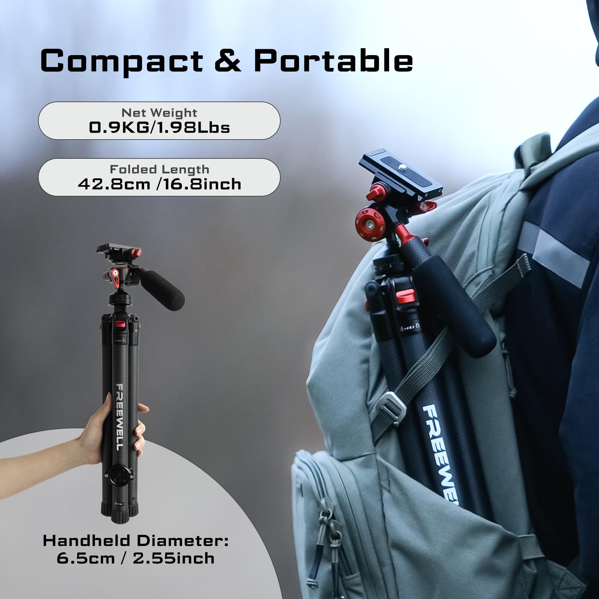 well Carbon Fiber Travel Tripod 59.1" Lightweight 1.98Lbs Photo/Video 360°Ball Head (Max Load 5Kg/11 Lbs), Monopod, Quick-Release Plate, For Dslr Cameras & Smartphones