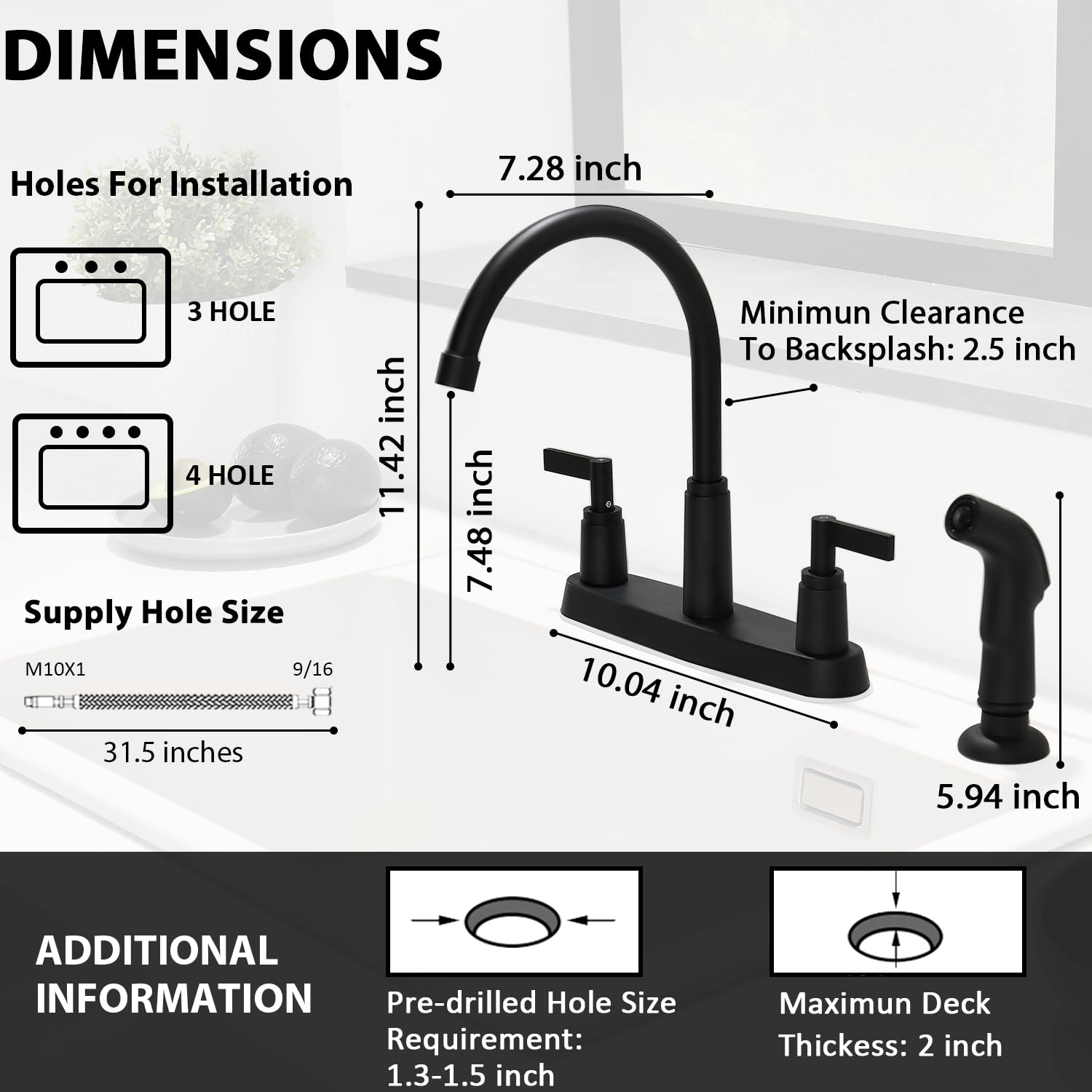 Rainmax Modern 2 Handle Kitchen Sink Faucet With Side Sprayer, High Arc 360 Swivel Stainless Steel 3 Or 4 Hole Kitchen Faucet For Rv Camper Laundry Utility Bar Sinks, Matte Black