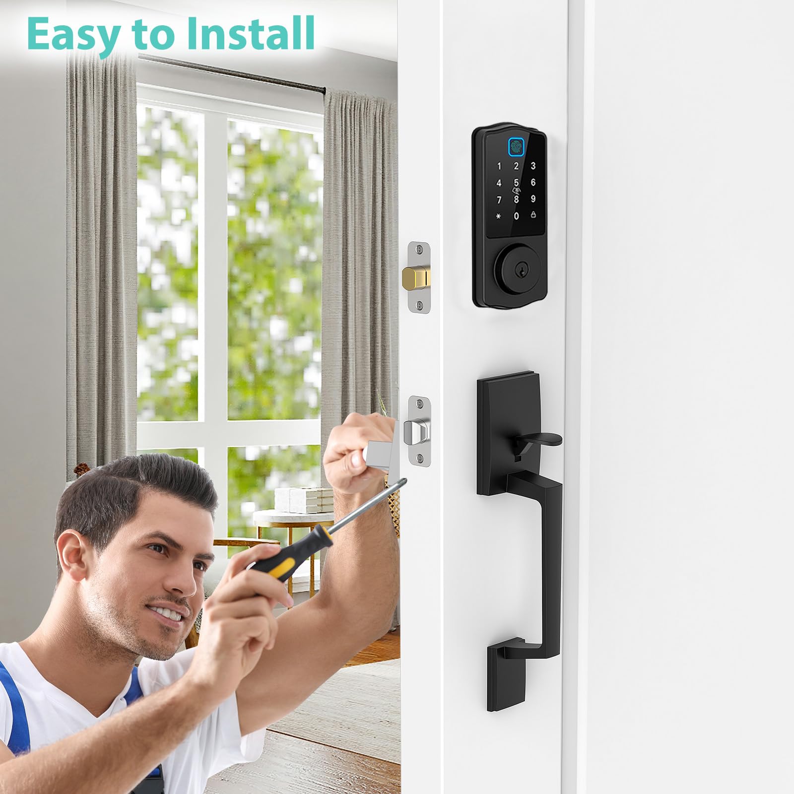 Cinop Wifi Front Door Lock, Keyless Entry Door Lock Deadbolt With Handle Set, Smart Locks For Front Door, Keypad Deadbolt Lock With Handle, Bluetooth Enabled With Alexa Voice Control, Black