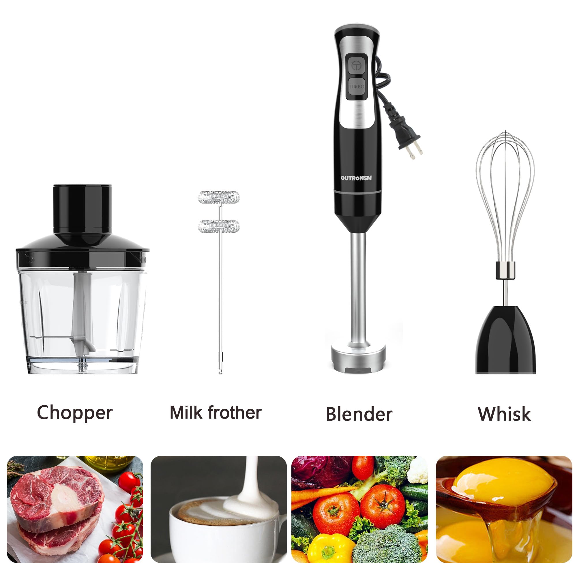 Outronsm Immersion Blender Handheld, Hand Blender With 500Ml Food Chopper, 600Ml Container, Milk Frother, Egg Whisk, Puree Infant Food, Smoothies, Sauces And Soups – Black