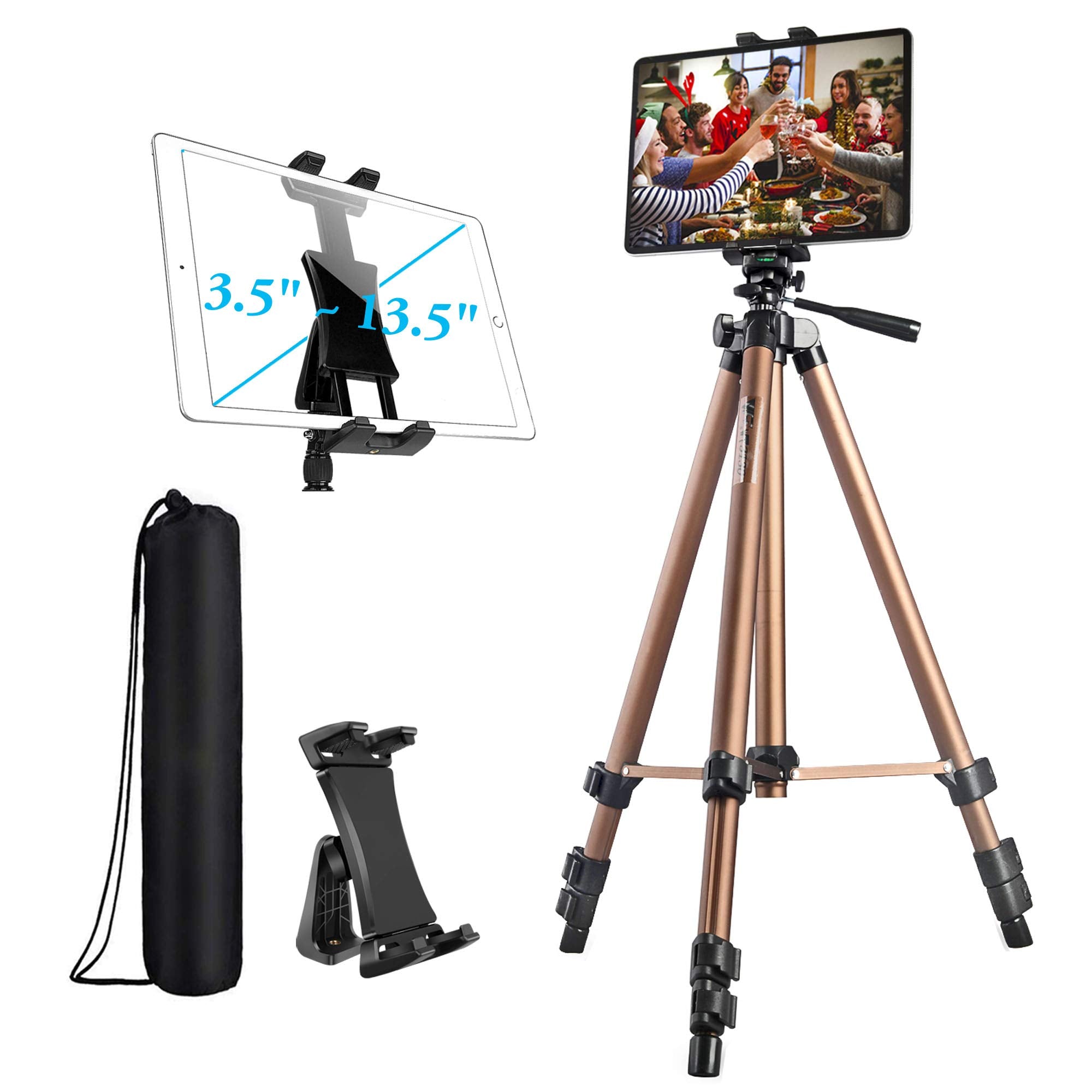 Atoptek Aluminum Tablet Tripod Stand - 51 Inch Adjustable Height Mount Holder For Ipad Pro, Air, Mini, Surface, Galaxy Tab & 3.5 To 13.5In Phone - Champagne