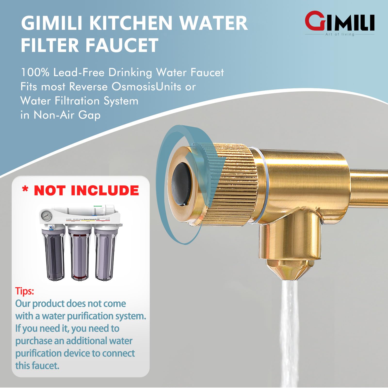 Gimili Brushed Gold Drinking Water Faucet 3 In1 Commercial Style Pull-Down Single Handle Filter Kitchen Faucet For Water Filtration System,Without Water Filtration Device