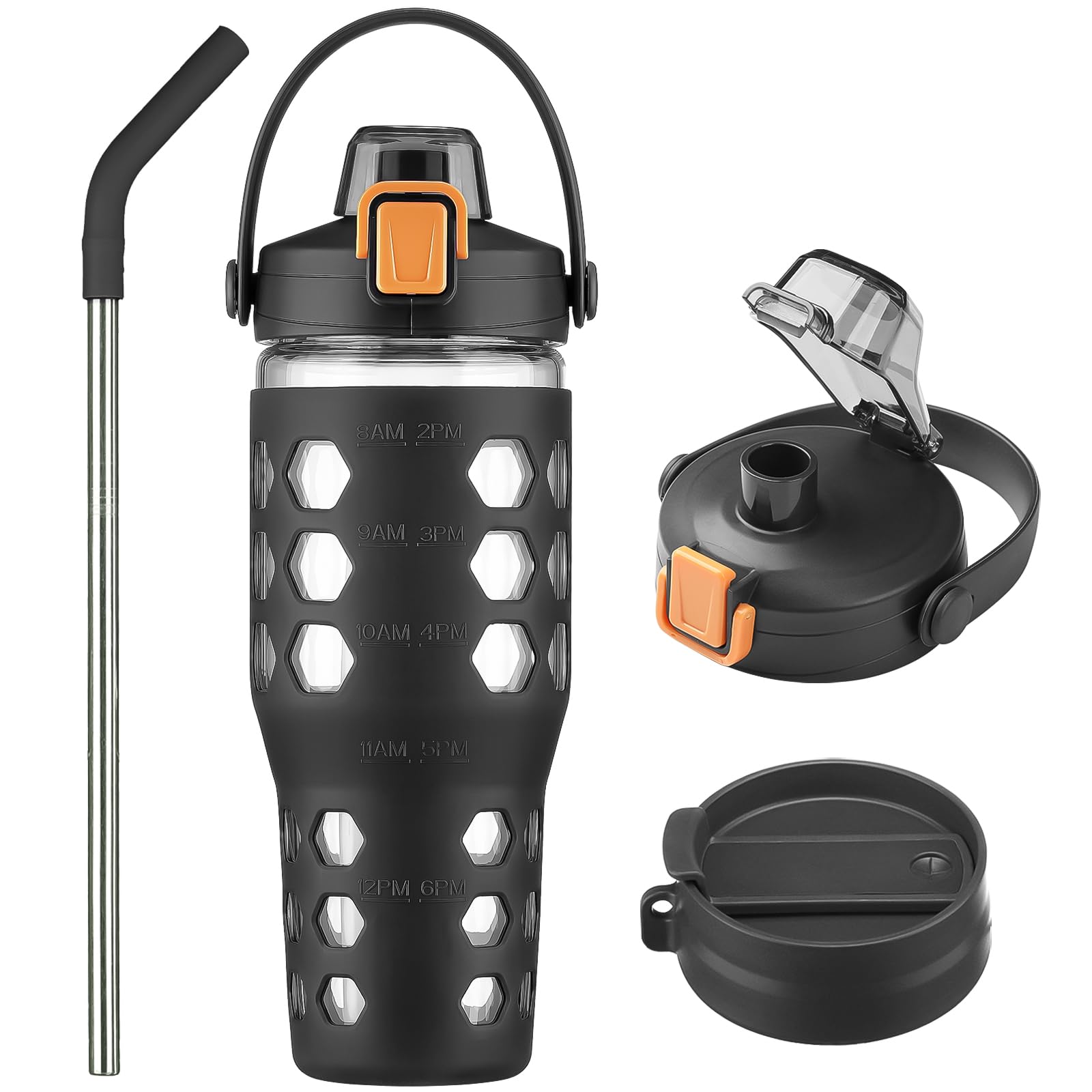 Mukoko 32 Oz Glass Tumbler With Straw,Glass Water Bottles With Time Marker,Iced Coffee Cup