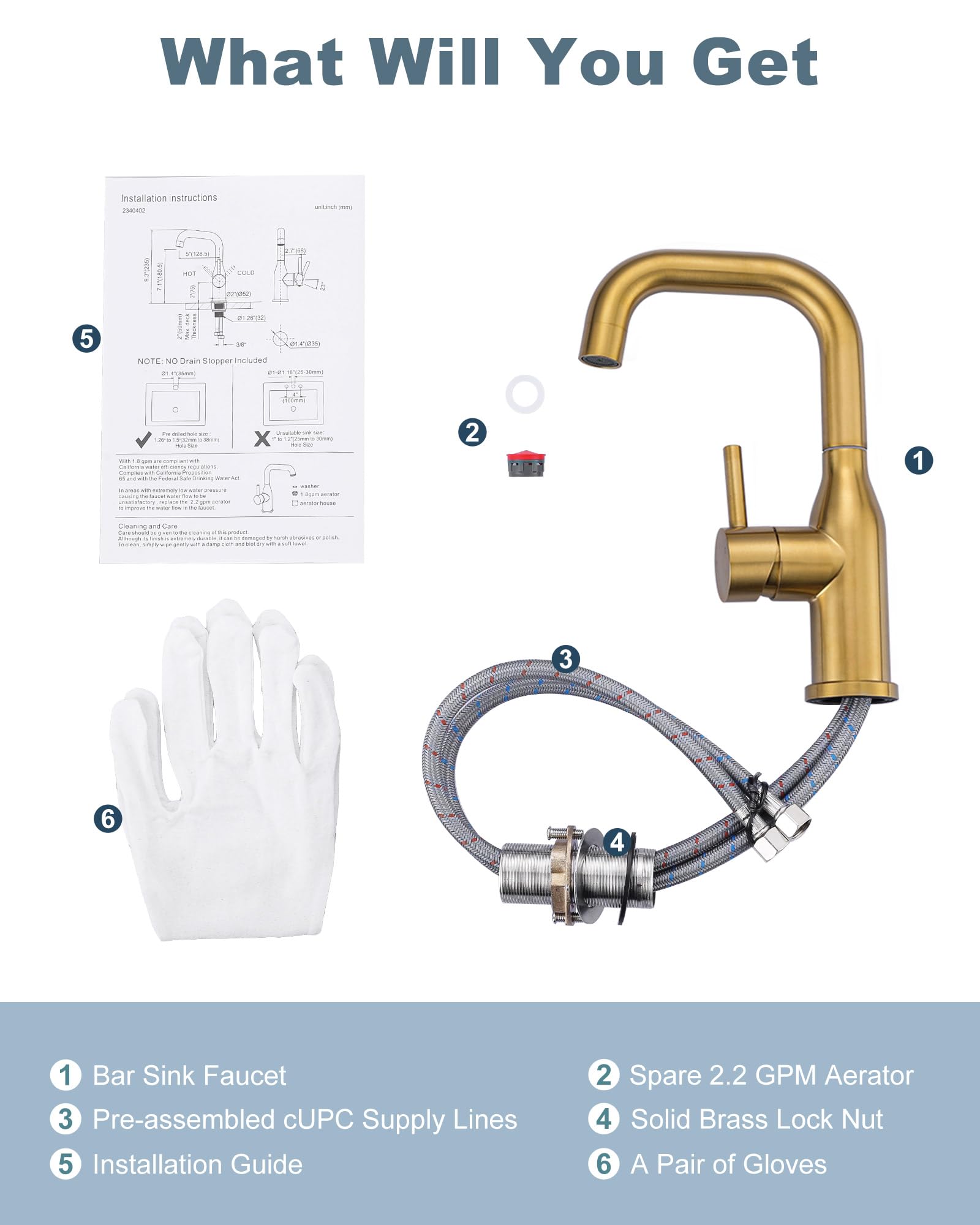 Arcora Bar Sink Faucet Single Hole: Brushed Gold Wet Bar Faucets - Prep Sink Faucet 360 Swivel - Small Kitchen Bathroom Faucet With Cupc Supply Lines