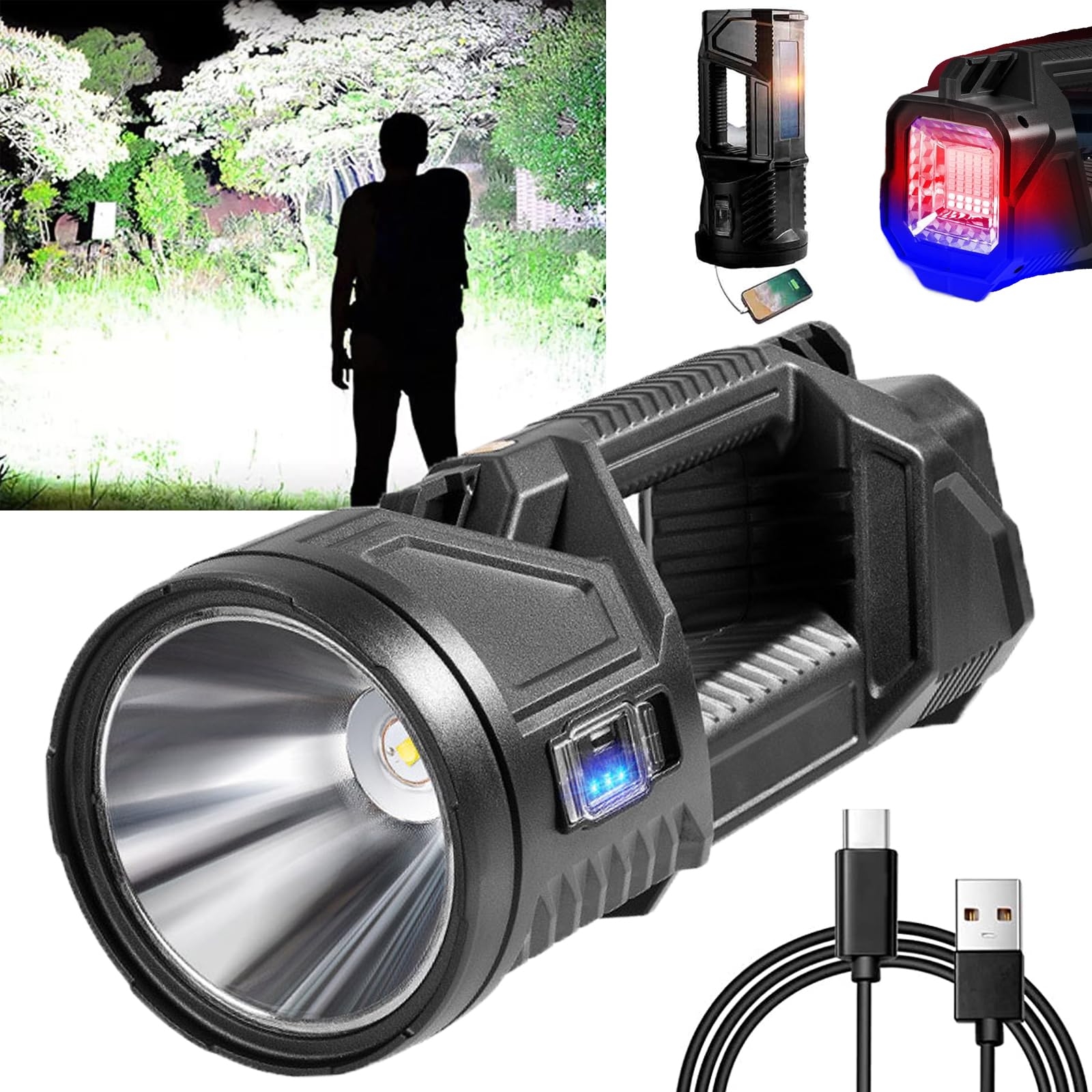 Fetnhu German 1000000 Lumens Waterproof Spot Lights Handheld Large Searchlight, Asaruley Light, Spot Lights Outdoor Handheld, Rechargeable Solar Utility Flashlight (M)