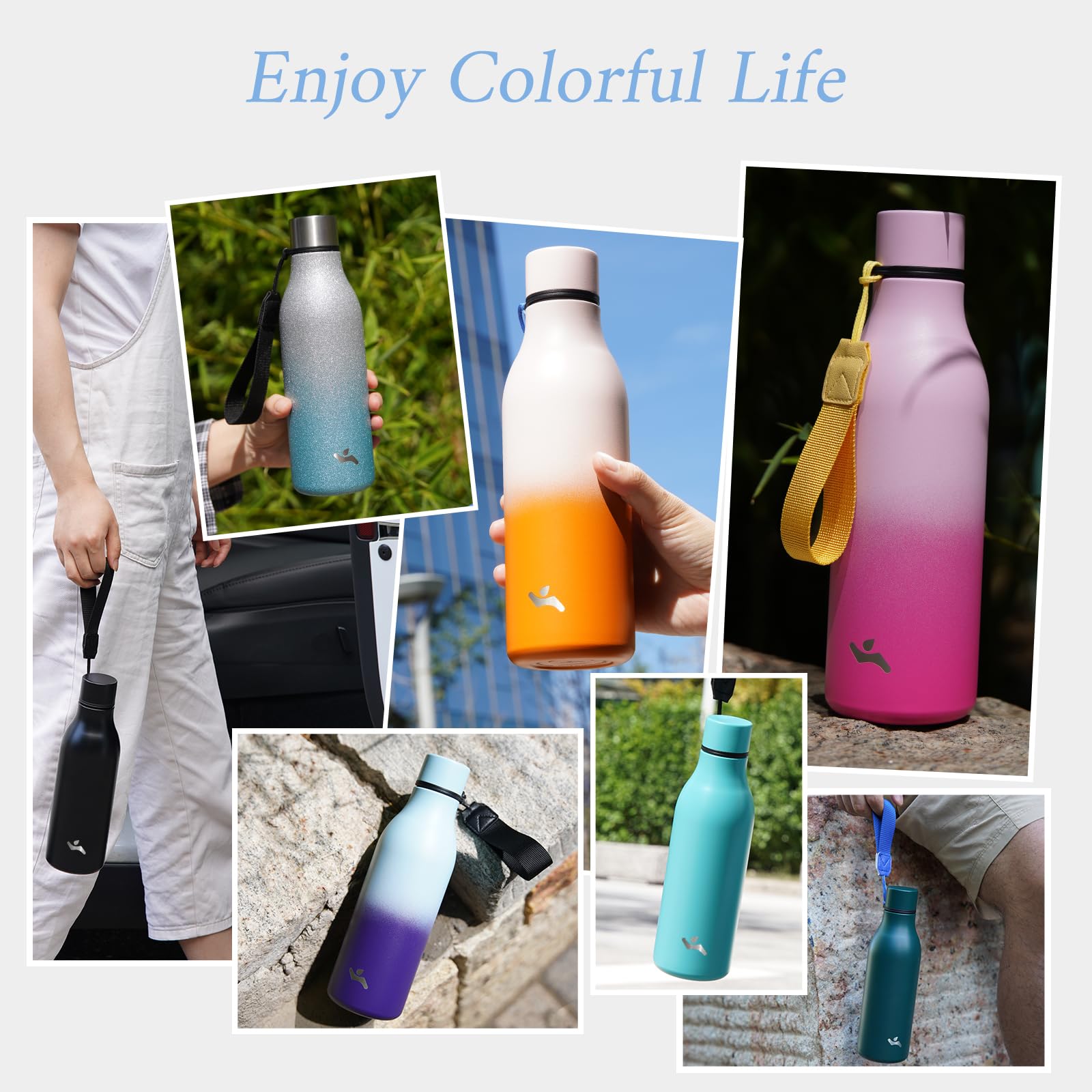 Insulated Water Bottle With Strap,18 Oz Double Wall Stainless Steel Vacuum Bottles Metal Water