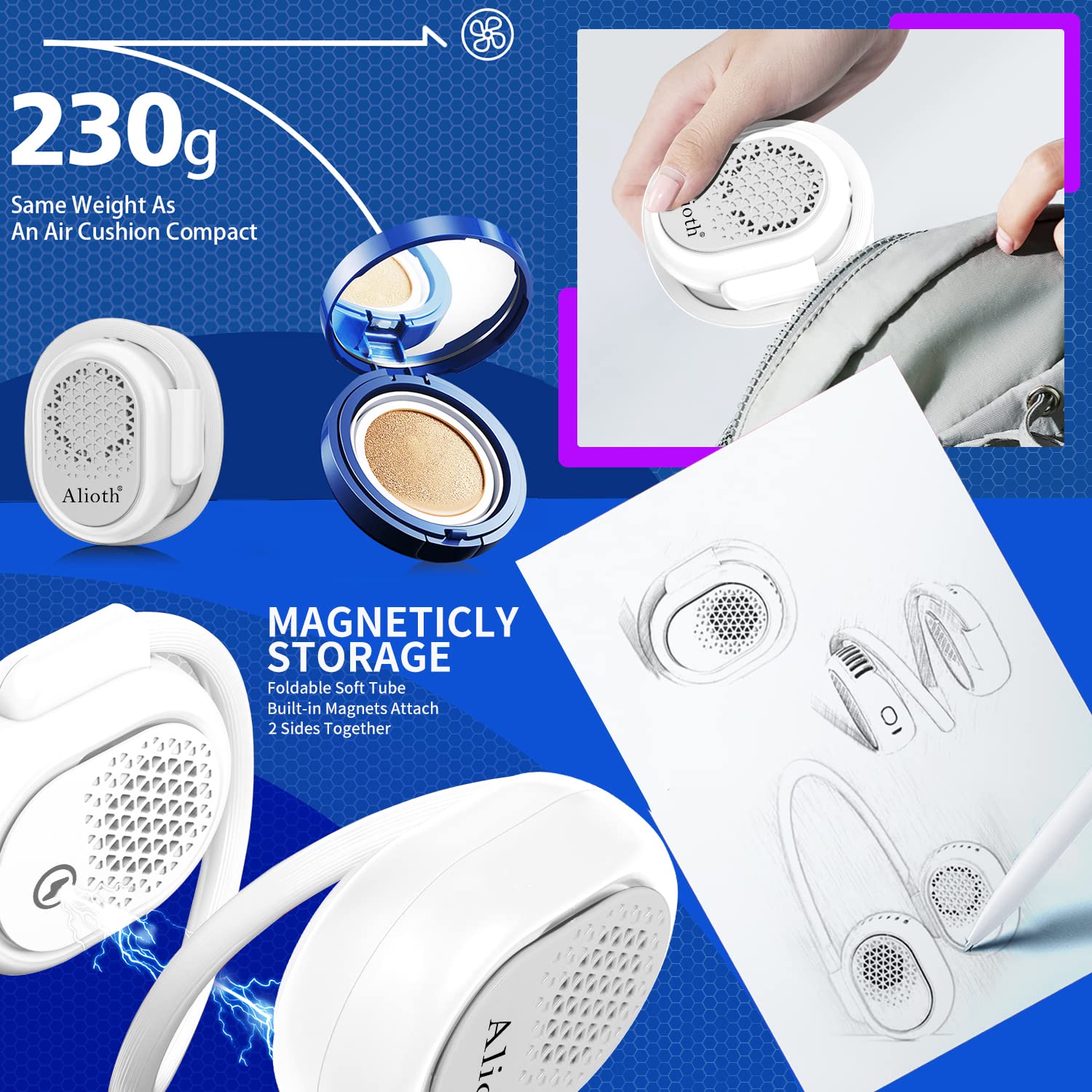 Hands-free Alioth neck fan with bladeless design and 360° rotation for ultimate personal cooling comfort